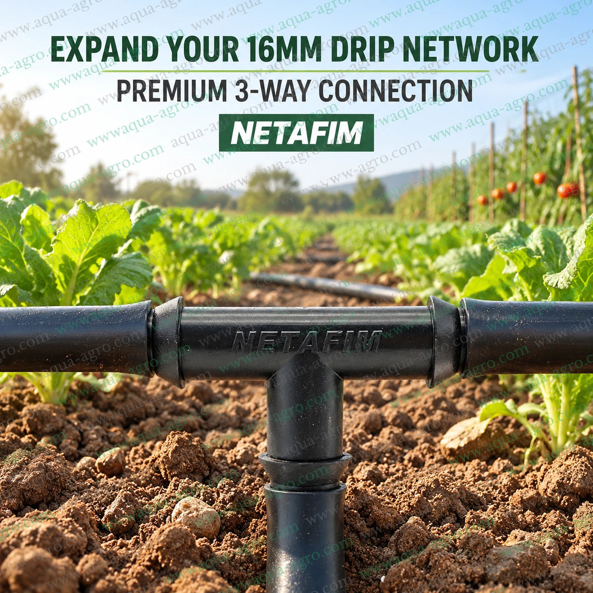 NETAFIM 16mm barbed tee premium black drip fitting product infographic for 3 way lateral connection with Delrin material and 0 to 4 bar pressure