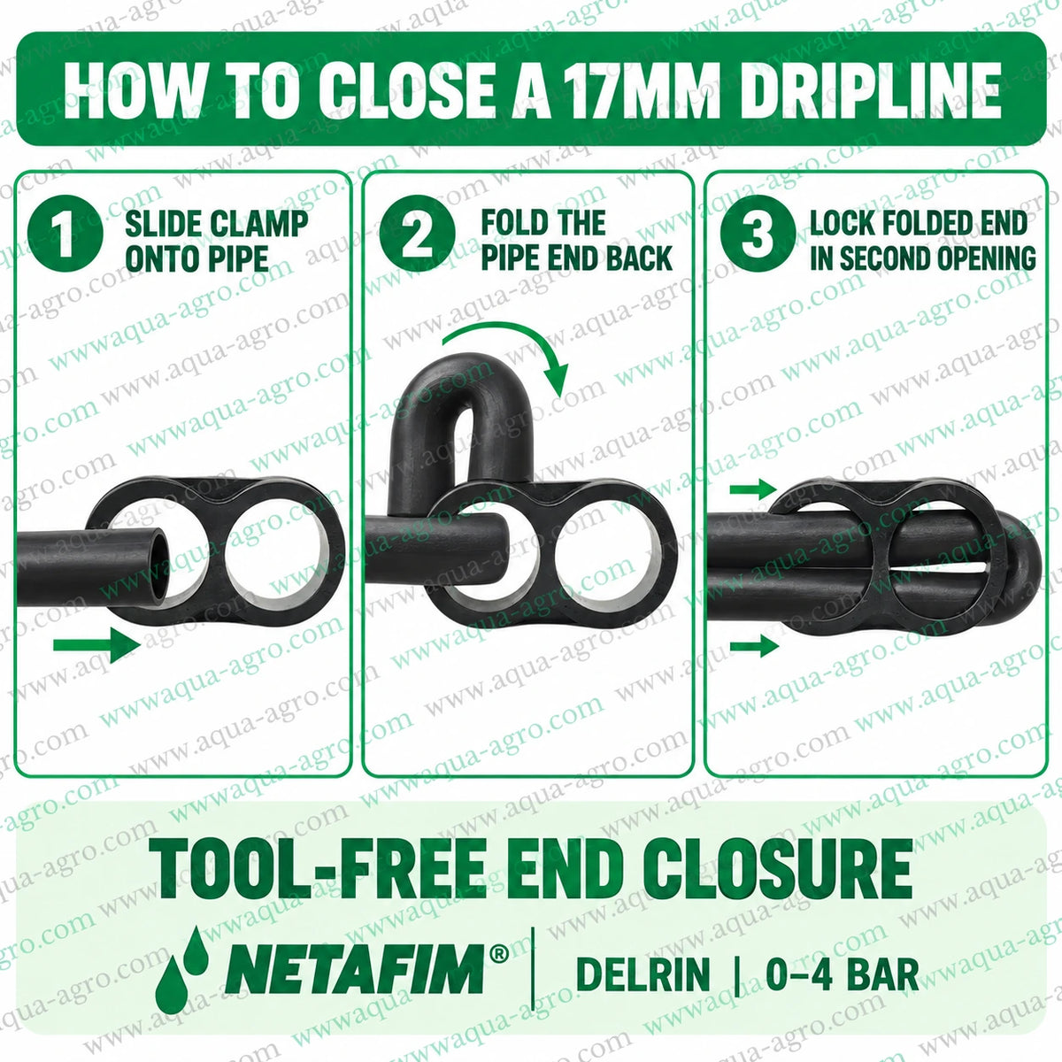 NETAFIM 17mm black line end clamp lifestyle image installed on folded drip irrigation pipe in greenhouse farming for secure reusable dripline end closure