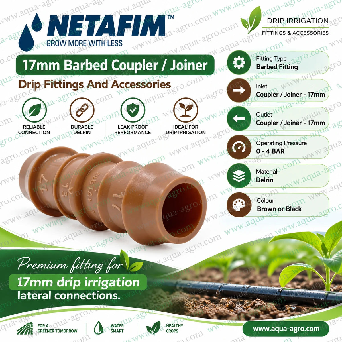 NETAFIM 17mm brown Delrin barbed coupler installation infographic showing secure joining of two 17mm drip irrigation pipes for reliable farm garden and landscape irrigation systems