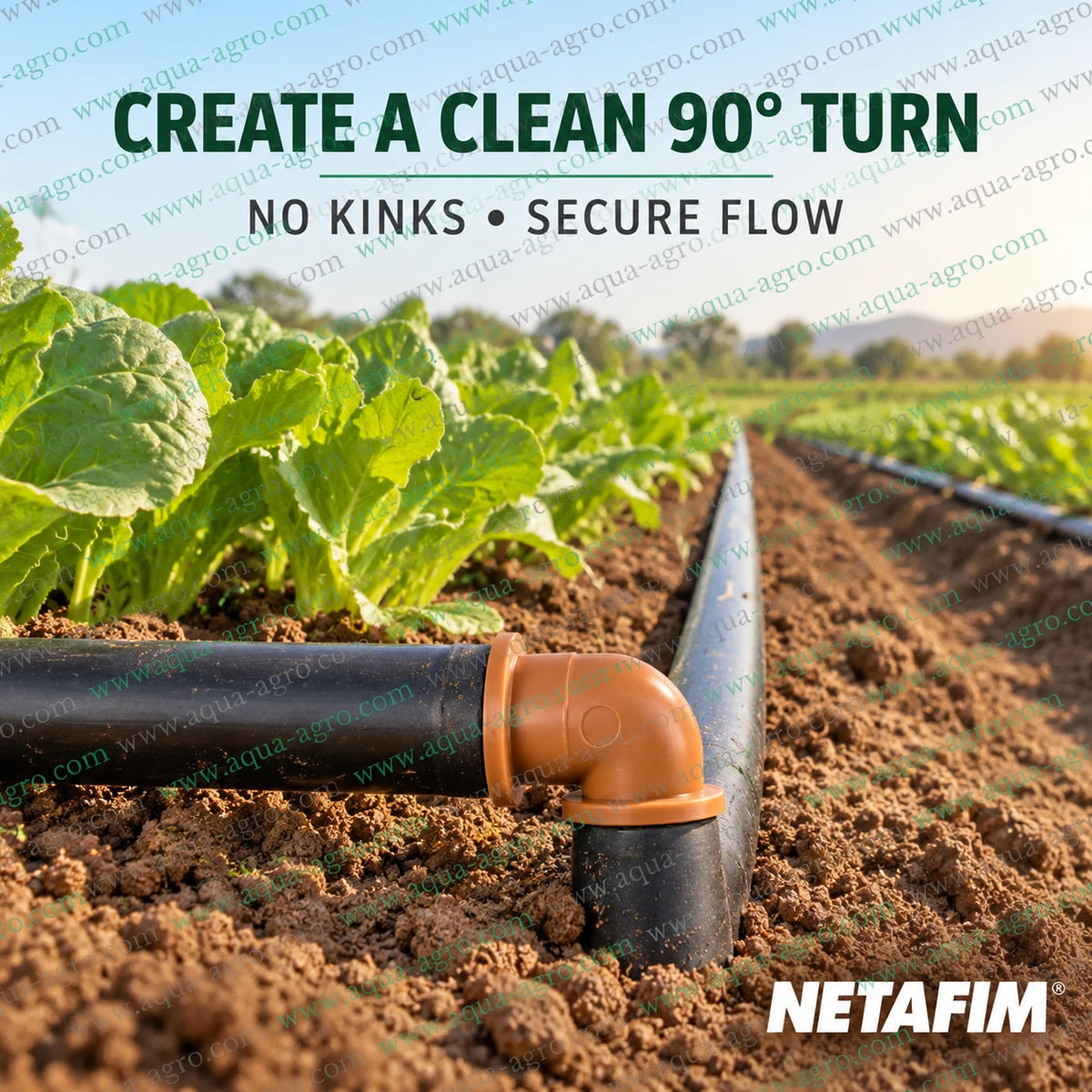 NETAFIM 16mm barbed elbow premium brown drip fitting product infographic for 90 degree lateral turn with Delrin material and 0 to 4 bar pressure