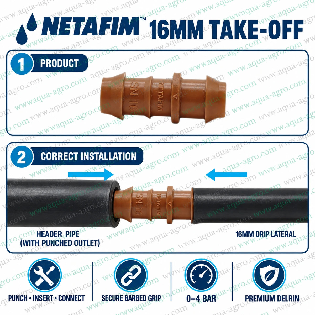 NETAFIM 16mm start connector take off premium brown Delrin drip irrigation fitting product infographic with secure barbed connection 0 to 4 bar pressure and UV resistant design