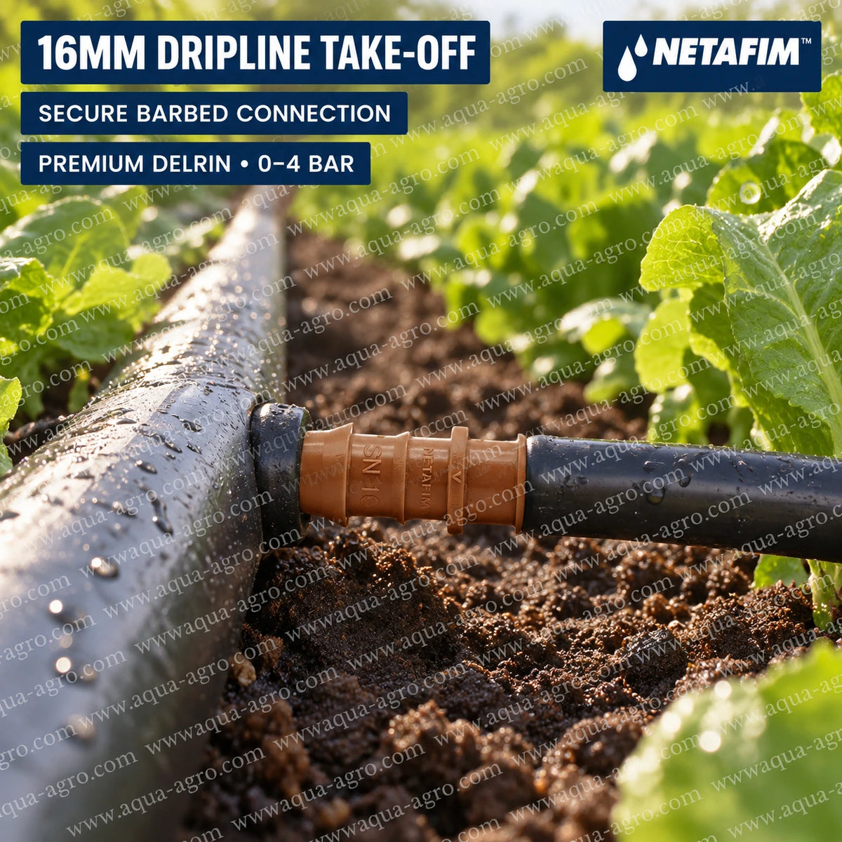 NETAFIM 16mm start connector take off installation infographic showing connection from punched header pipe to 16mm drip lateral for secure irrigation water distribution