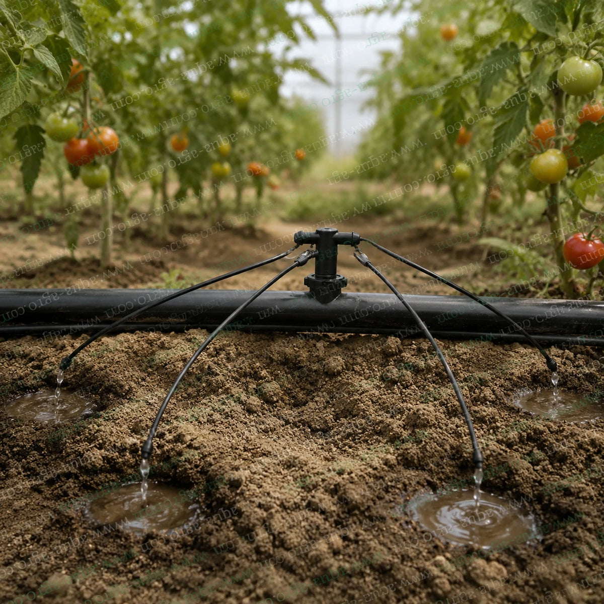 NETAFIM 4-way drip adaptor connected to micro tubes for multi-point drip irrigation and root-zone watering in tomato crops
