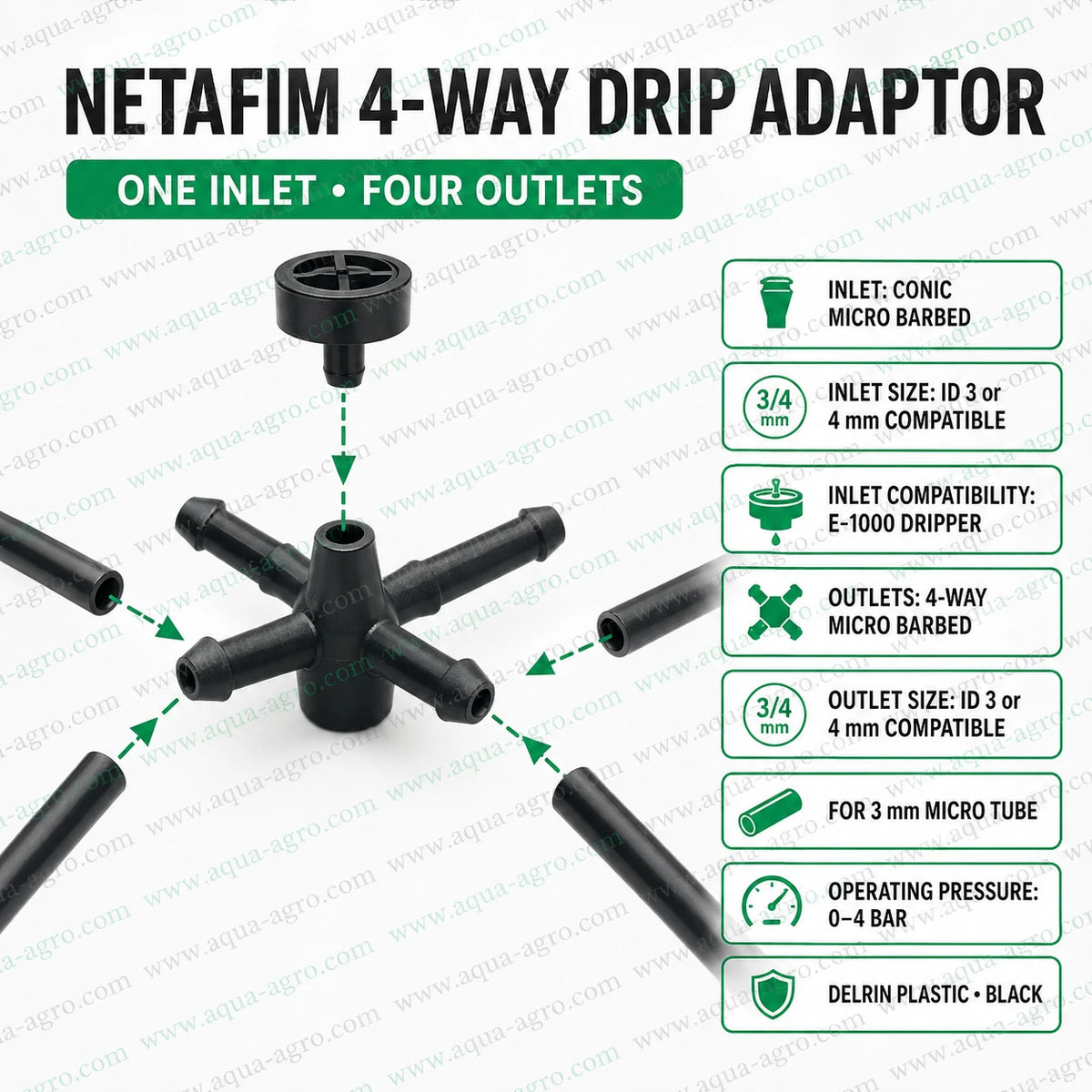 NETAFIM premium 4-way drip adaptor with 3mm micro barbed outlets for PCJ-CNL drippers and micro tube irrigation systems