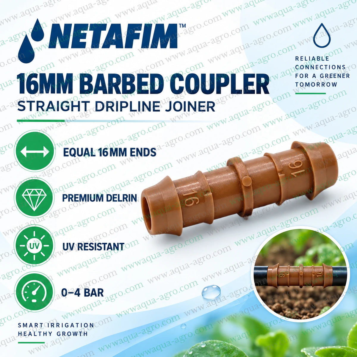 NETAFIM 16mm dripline coupler installation infographic showing how to join two 16mm drip laterals using premium Delrin barbed connector for secure leak resistant irrigation connection