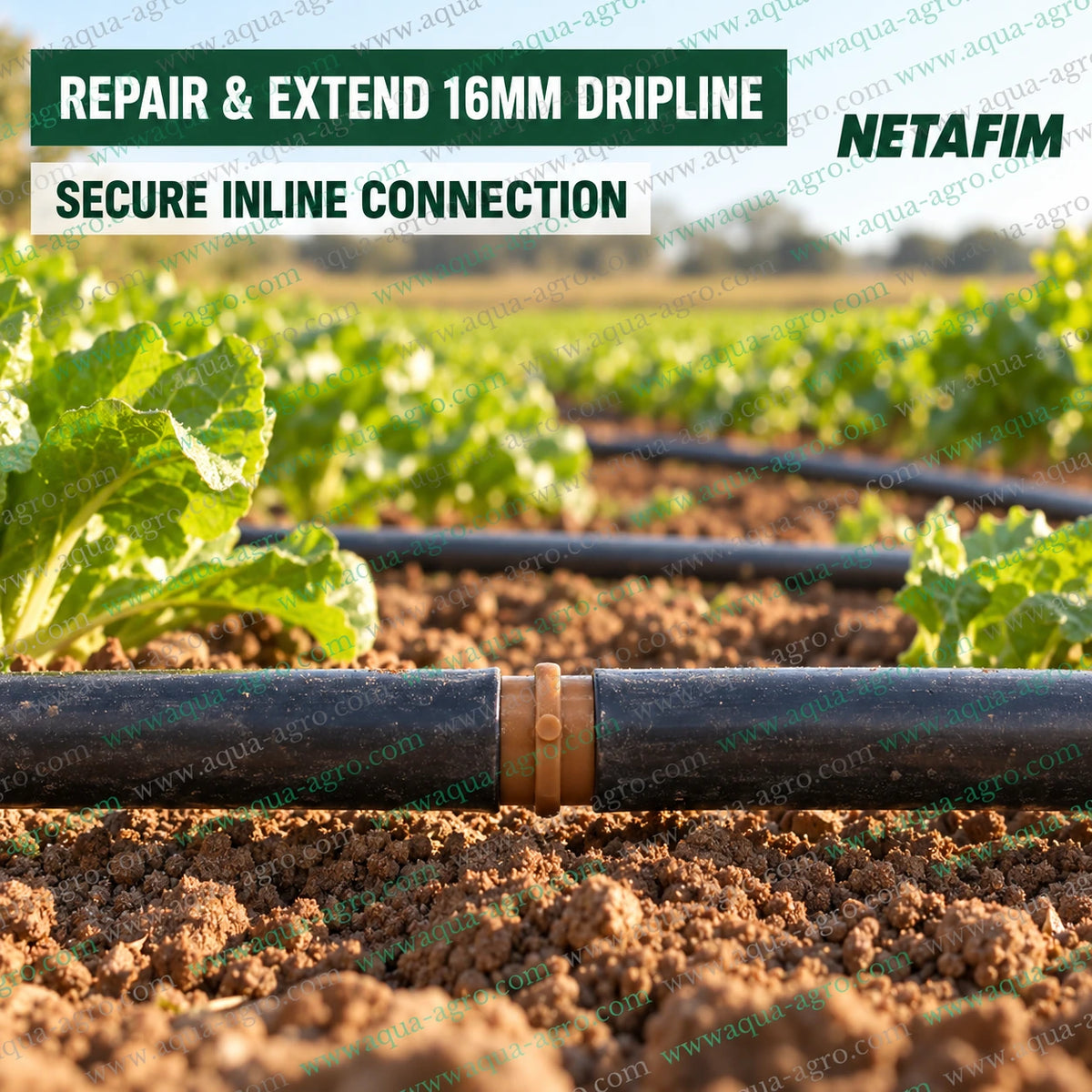 NETAFIM 16mm brown barbed coupler lifestyle image installed inline on agricultural drip irrigation pipe for dripline repair extension and reliable farm irrigation water distribution