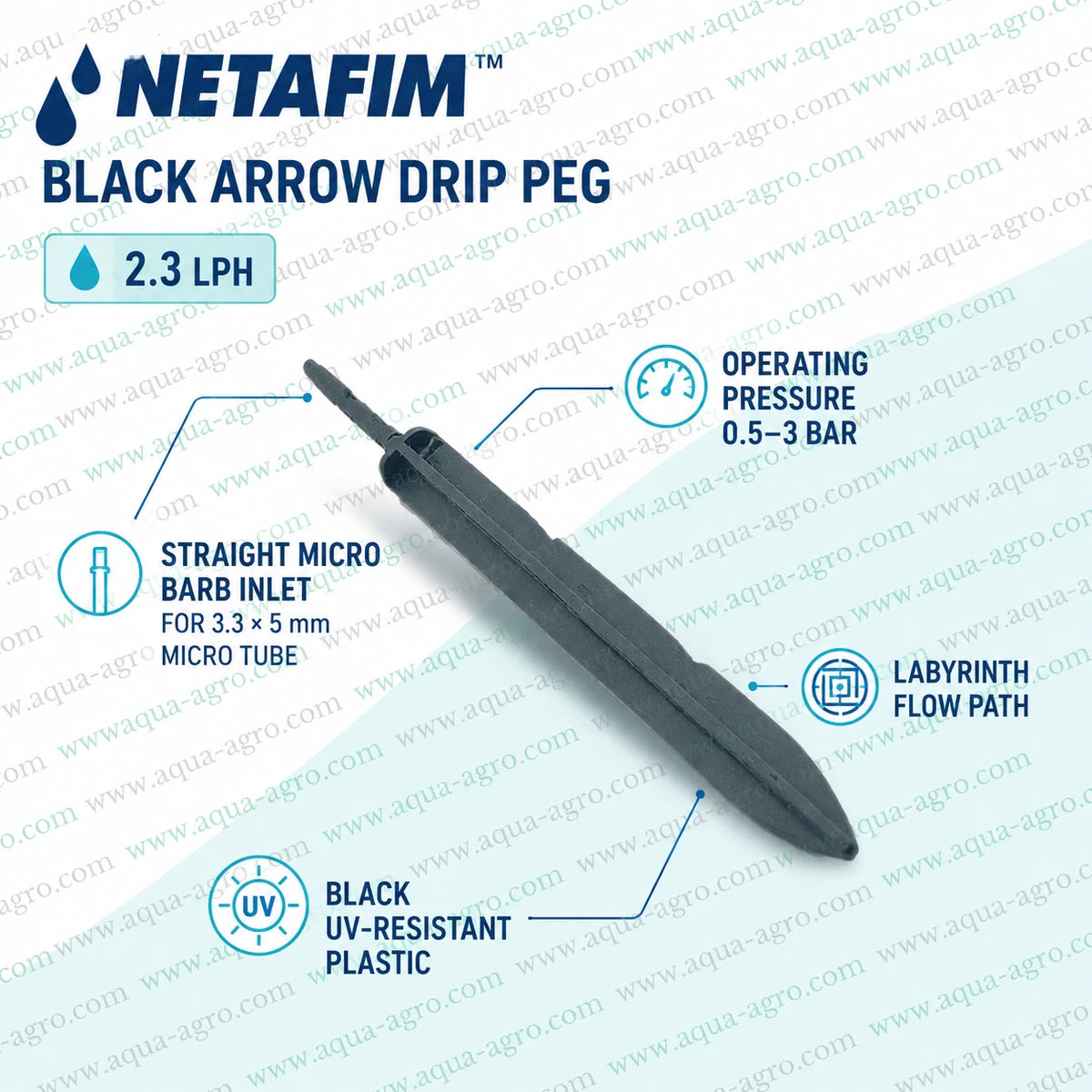 NETAFIM Black Arrow Drip Peg 2.3 LPH with labyrinth flow path, straight micro barb inlet and 3.3x5mm micro tube compatibility