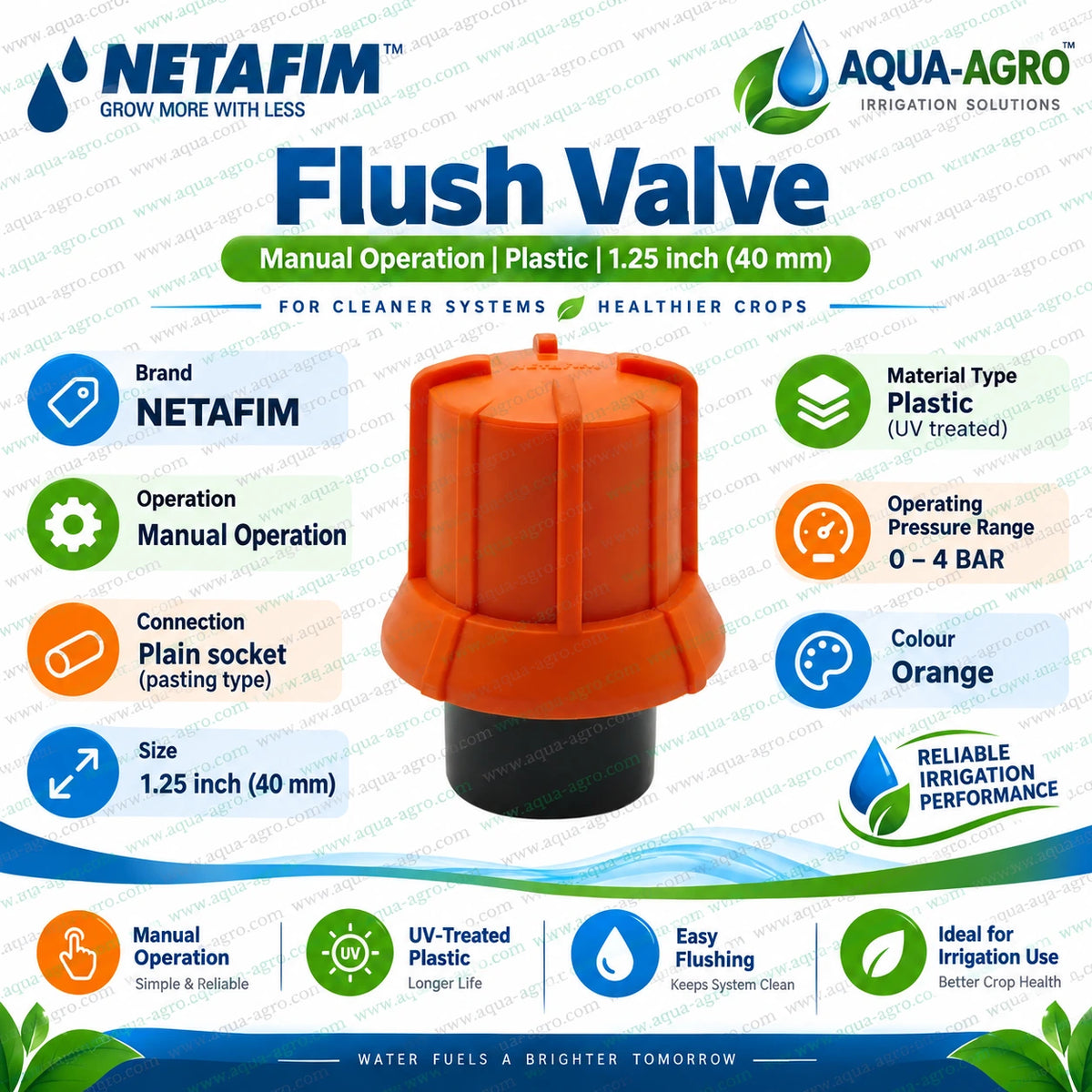 NETAFIM manual PVC flush valve 1.25 inch 40mm with UV treated plastic body orange ribbed cap and plain socket pasting type connection for drip irrigation pipeline flushing with 0 to 4 bar operating pressure