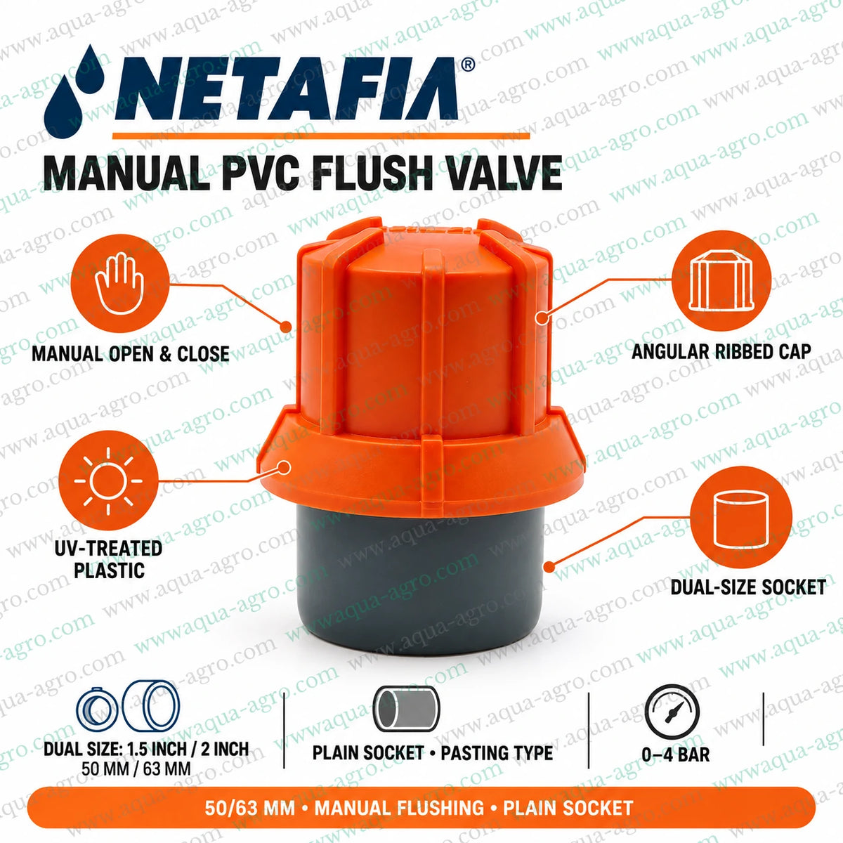 NETAFIM manual PVC flush valve dual size 1.5 inch 50mm and 2 inch 63mm with UV treated plastic body angular ribbed cap and plain socket connection for drip irrigation pipeline flushing