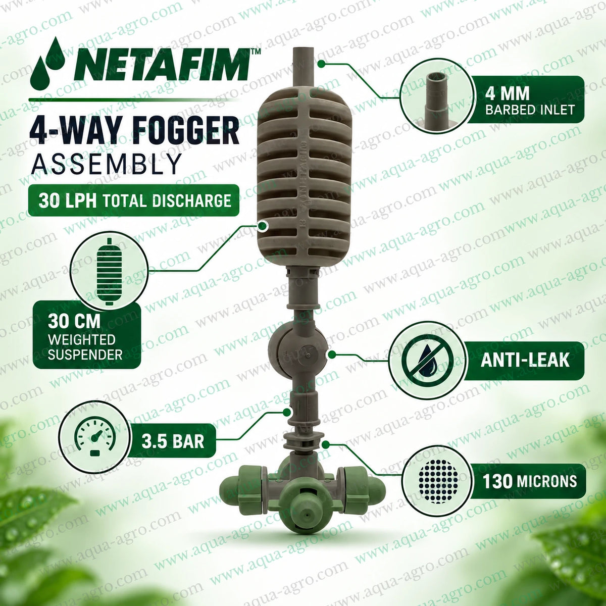 NETAFIM 4 Way Fogger Nozzle with Anti Leak Valve 30cm Weighted Suspender and 7.5 LPH Per Nozzle Discharge