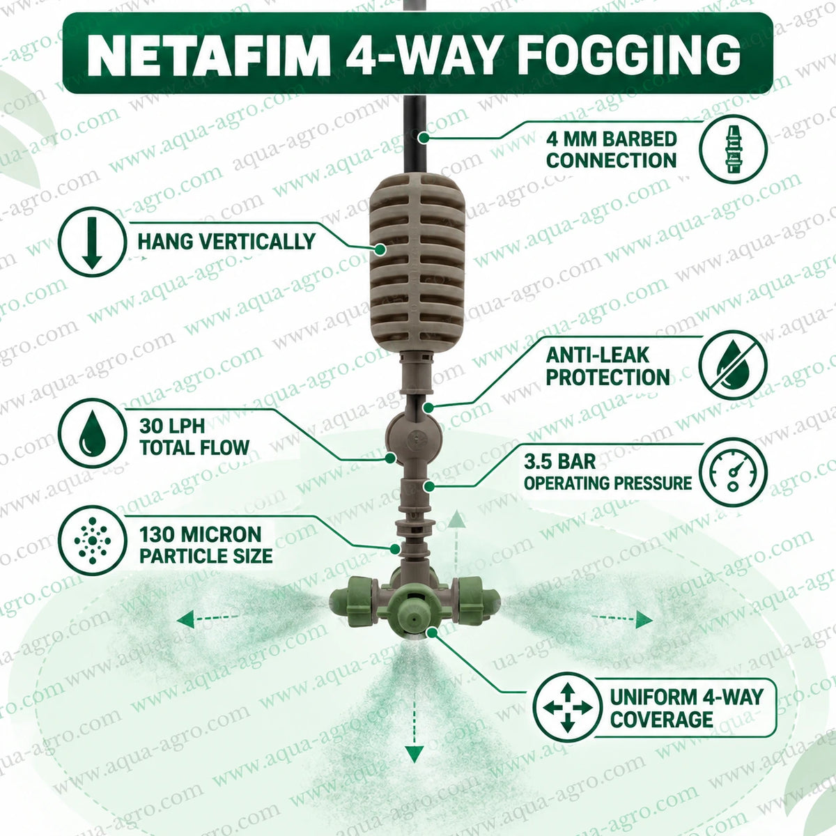 NETAFIM 4 Way Plastic Fogger Assembly with 30cm Weighted Suspender and Anti Leak Valve for Greenhouse Irrigation