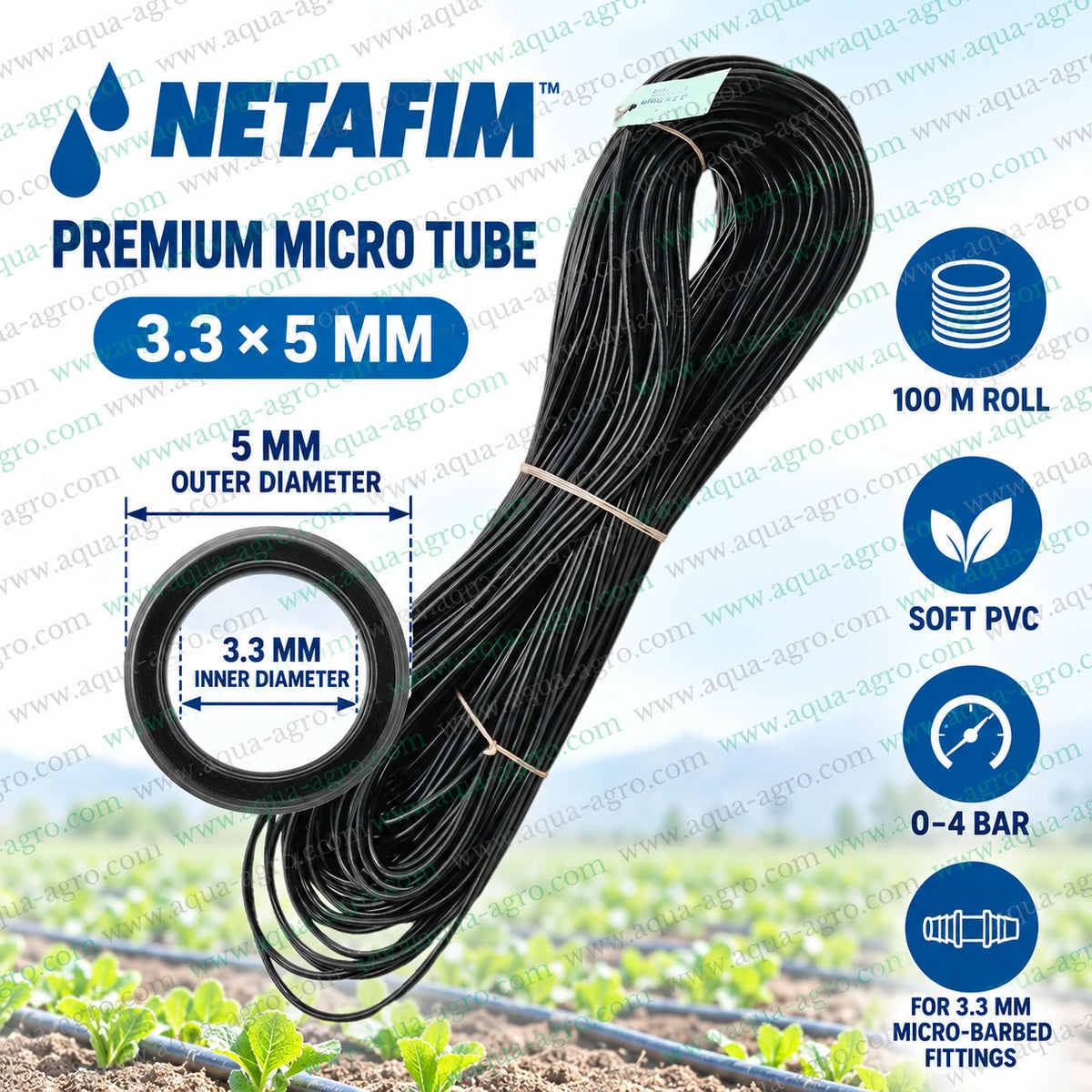NETAFIM premium black 3.3x5mm PVC micro irrigation tube 100m roll with 0 to 4 bar operating pressure compatible with 3.3mm micro barbed fittings for agricultural irrigation applications