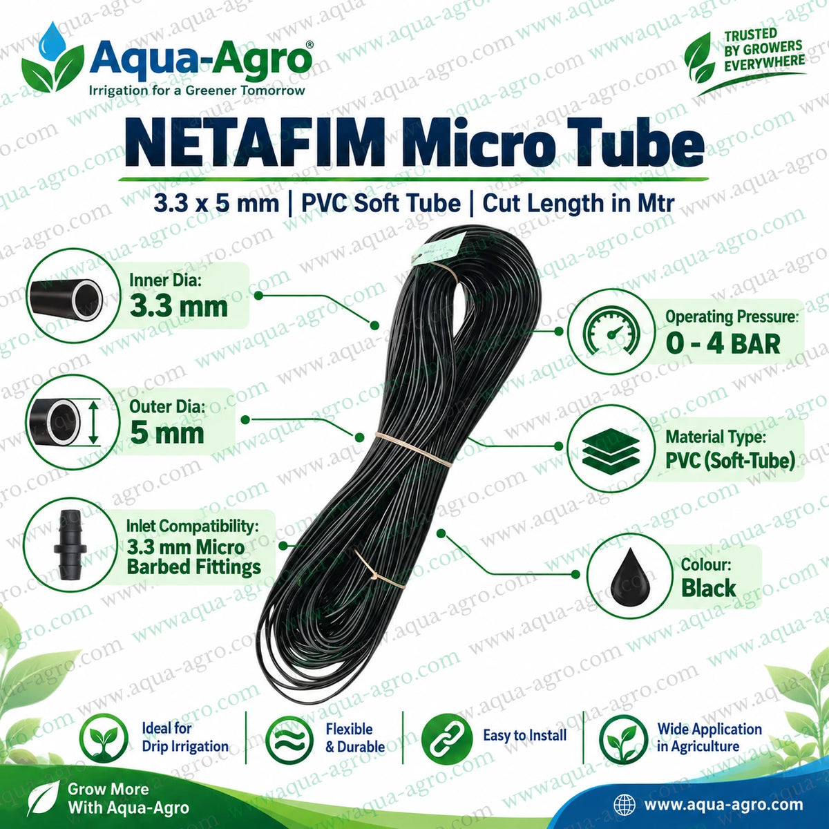 NETAFIM premium 3.3x5mm black soft PVC spaghetti micro tube with 3.3mm inner diameter 5mm outer diameter and 0 to 4 bar operating pressure for drip irrigation cut length in metres