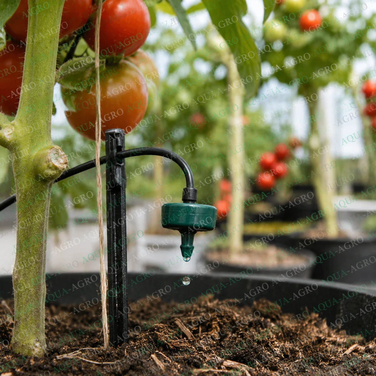 NETAFIM PCJ 8 LPH green pressure compensated dripper installed with microtube for precision tomato plant drip irrigation