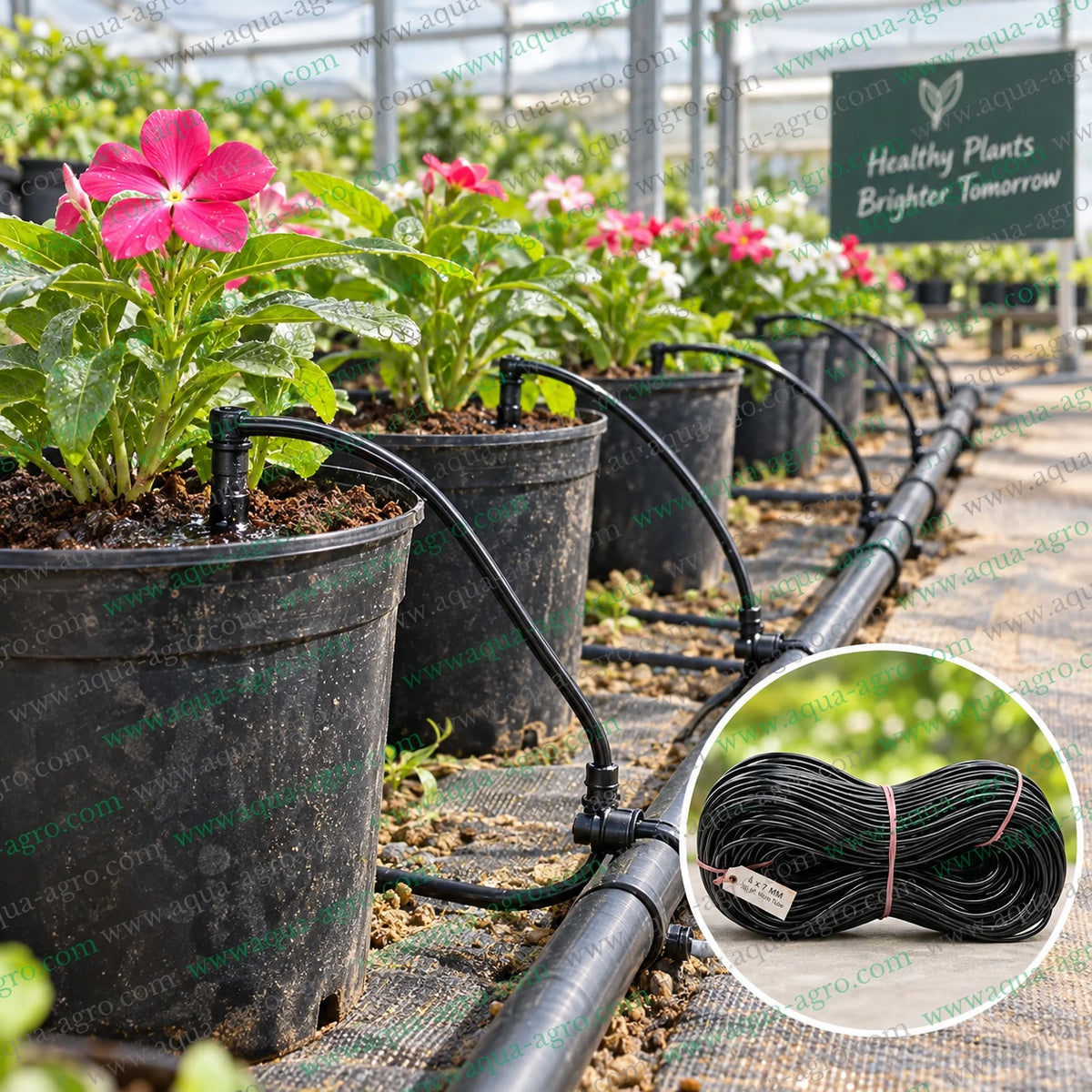 NETAFIM premium 4x7mm PVC micro irrigation tube connected to 4mm micro barbed fittings and drippers for watering flowering plants in nursery pots and greenhouse gardens