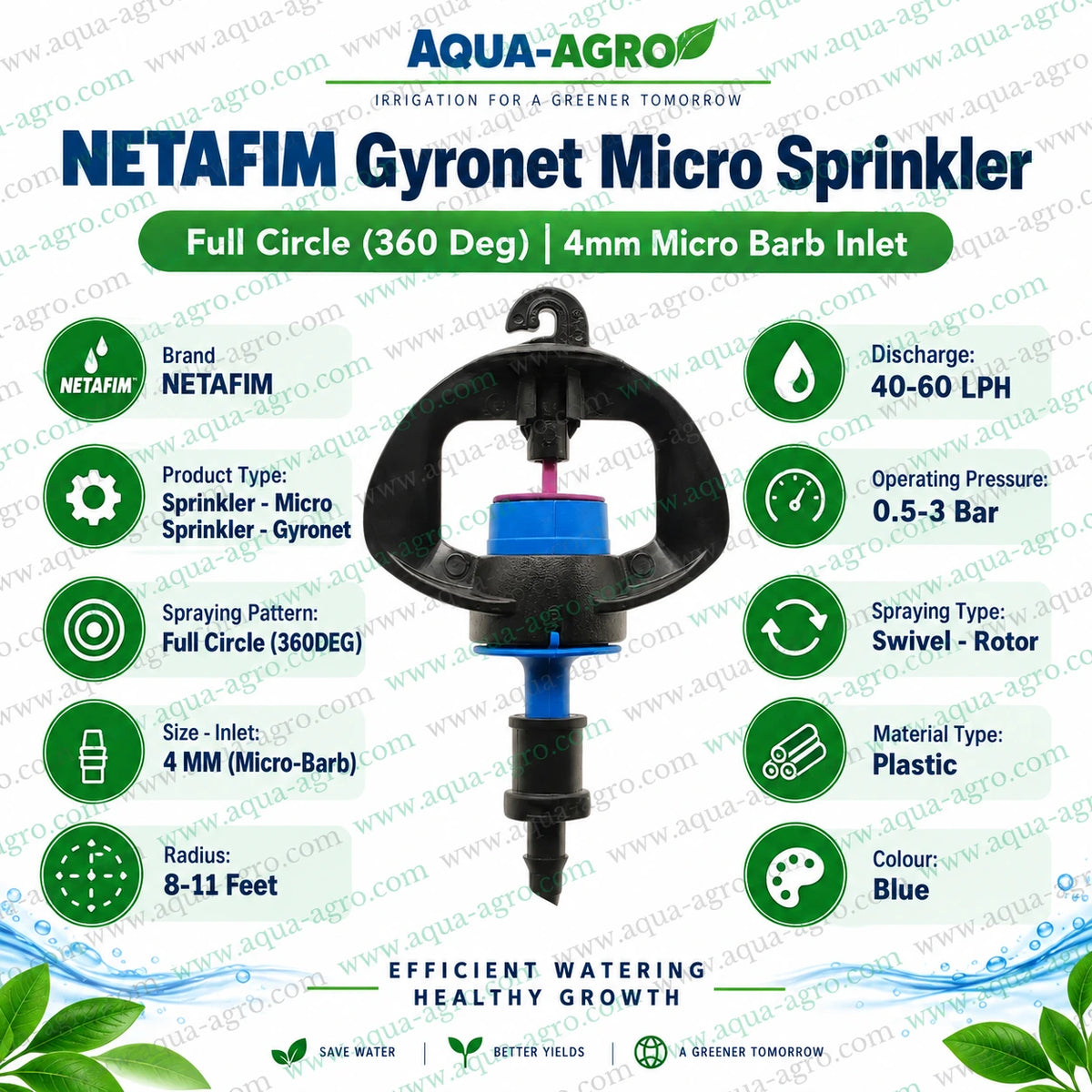 NETAFIM Gyronet blue micro sprinkler with 4mm micro barb inlet 360 degree full circle swivel rotor 40 to 60 LPH discharge 8 to 11 feet radius for nursery garden and agricultural irrigation
