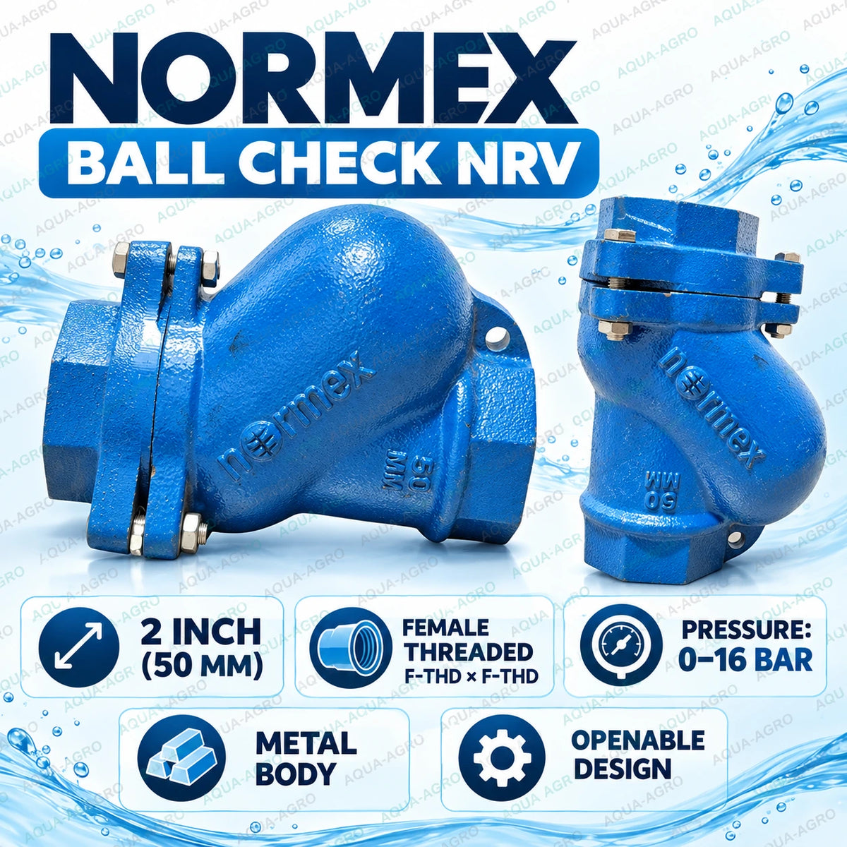 NORMEX 2 inch 50mm ball type non return valve with blue metal body female threaded connections 0 to 16 bar operating pressure and openable design for irrigation water supply pipelines pump protection and backflow prevention