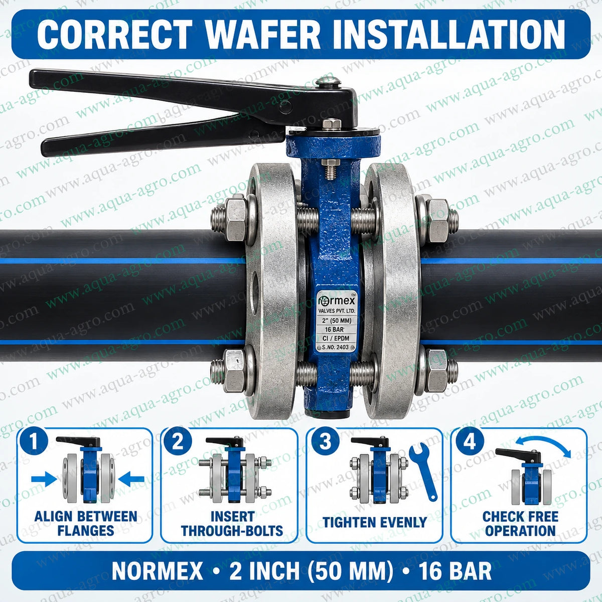 NORMEX 2 inch 50mm wafer type butterfly valve with epoxy coated cast iron body SG metal disc black lever handle bidirectional flow control and 16 bar pressure rating