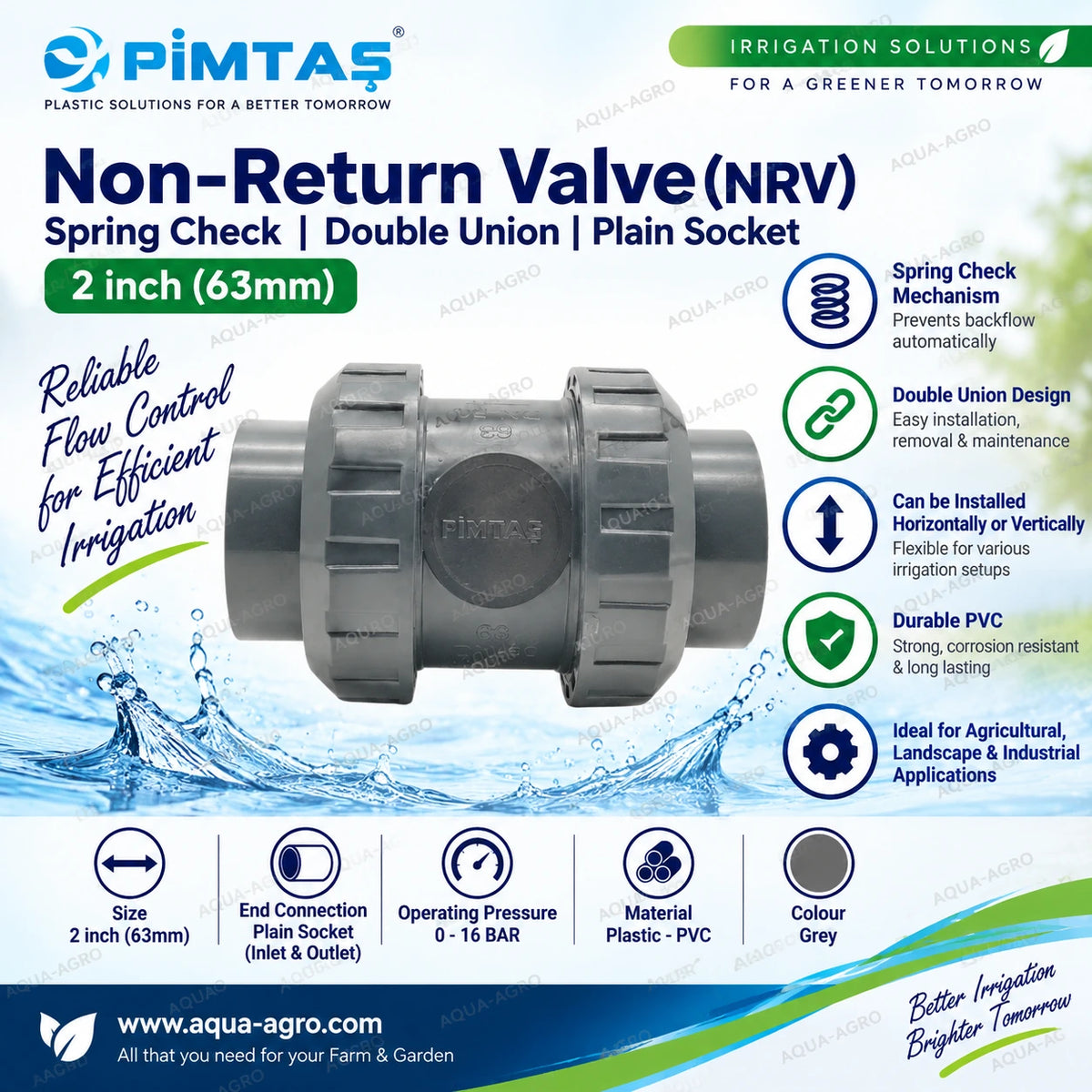 PIMTAS 2 inch 63mm PVC non return valve with spring check double union plain socket ends for backflow prevention in agricultural landscape and irrigation water system