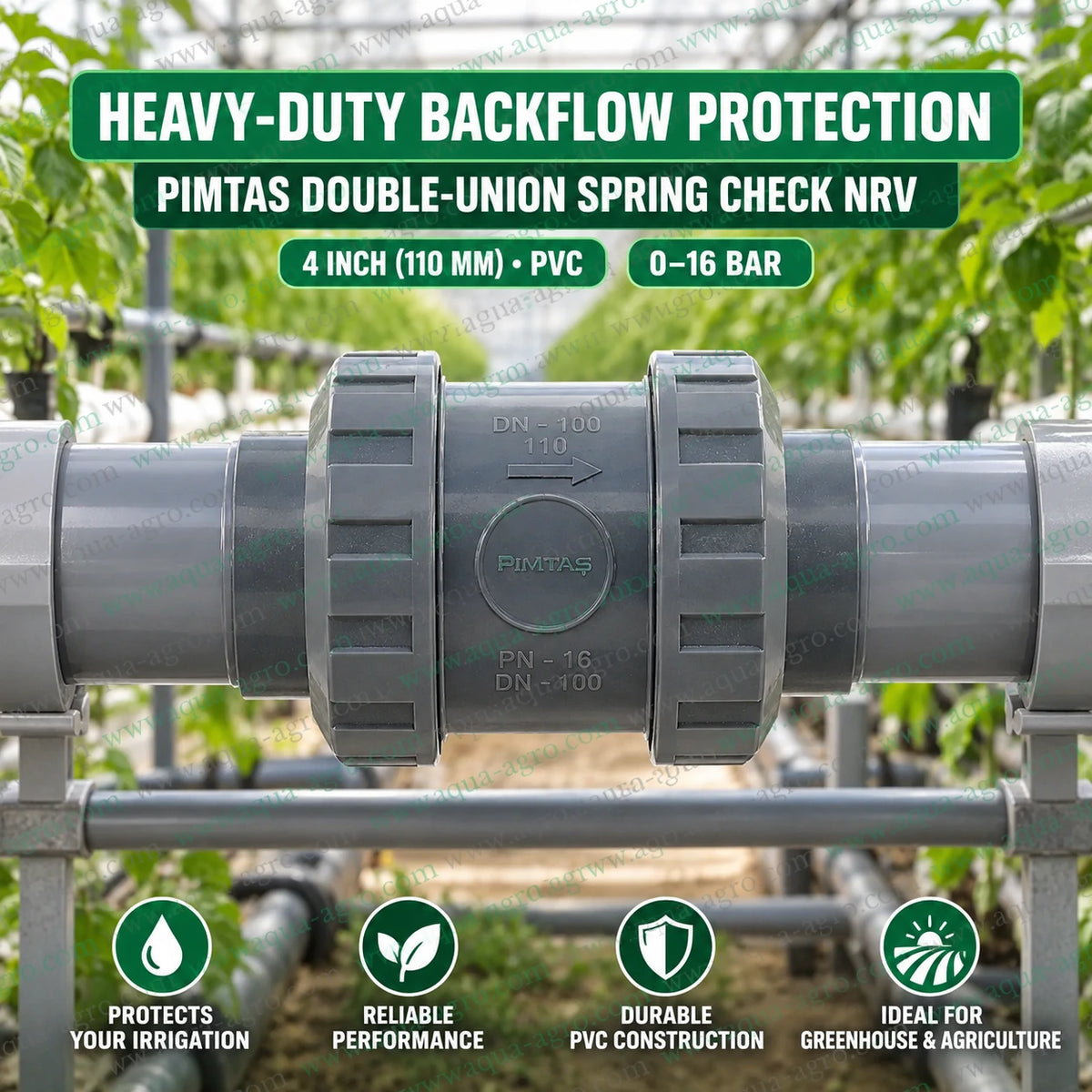 PIMTAS 4 inch 110mm PVC spring check non return valve double union installed horizontally in irrigation pipeline for heavy duty backflow protection