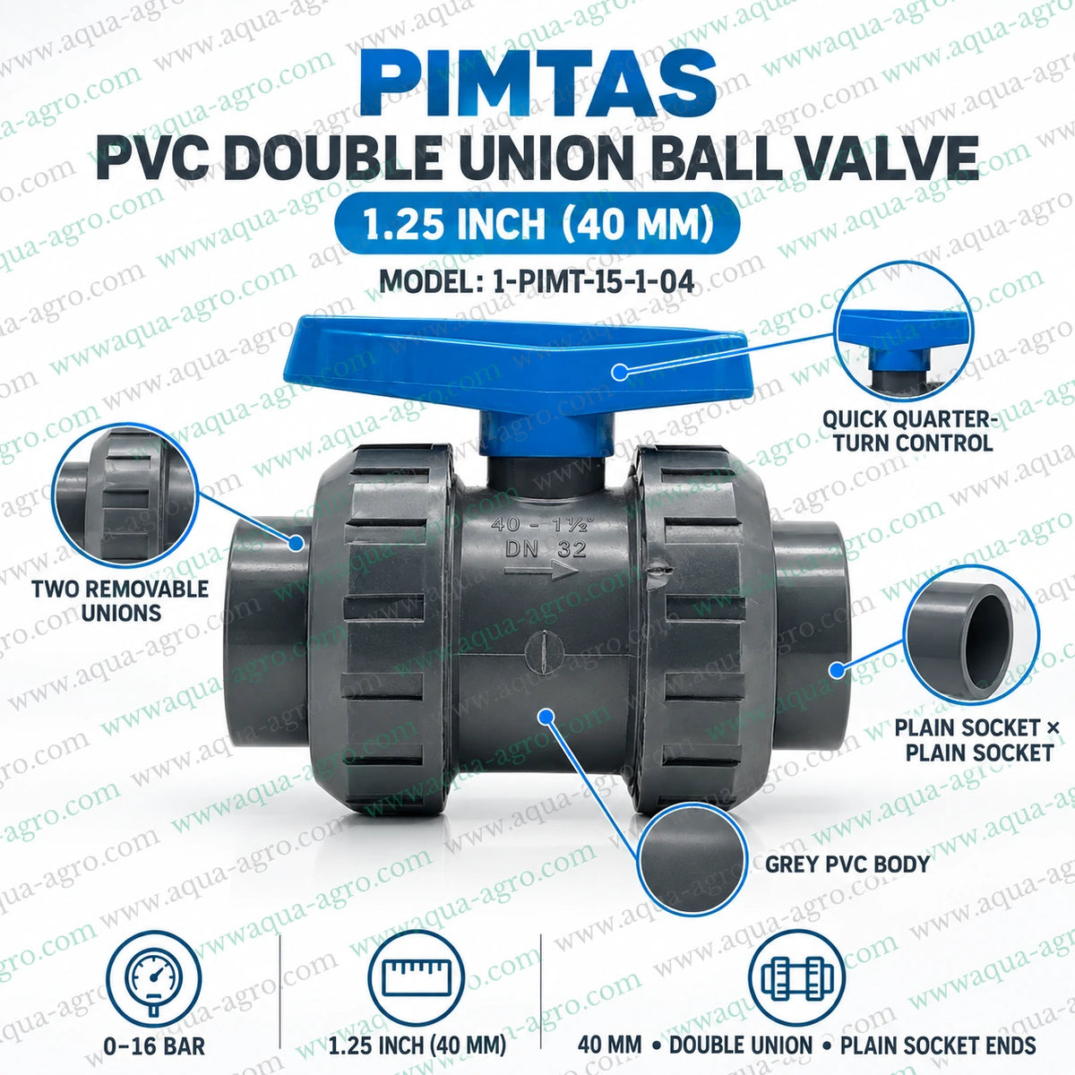 PIMTAS Turkey 1.25 inch 40mm PVC double union ball valve with blue quarter turn handle grey PVC body two removable union nuts plain socket connections and 0–16 bar operating pressure