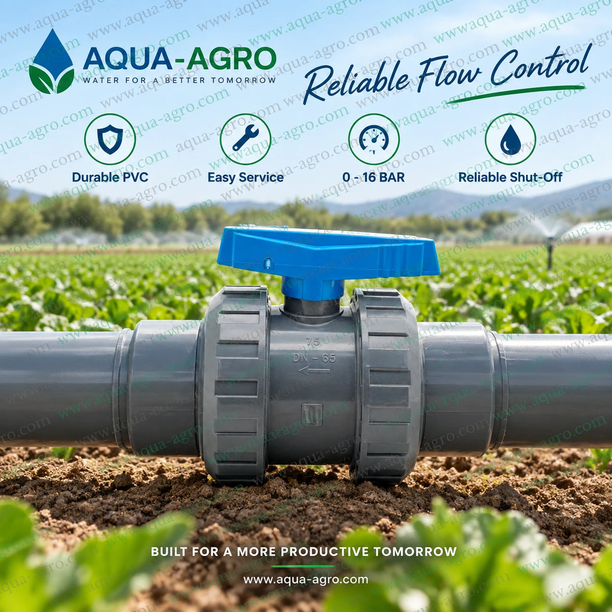 PIMTAS Turkey 2.5 inch 75mm PVC double union ball valve installed on an agricultural irrigation pipeline for farms gardens sprinkler irrigation drip irrigation and agricultural water distribution systems