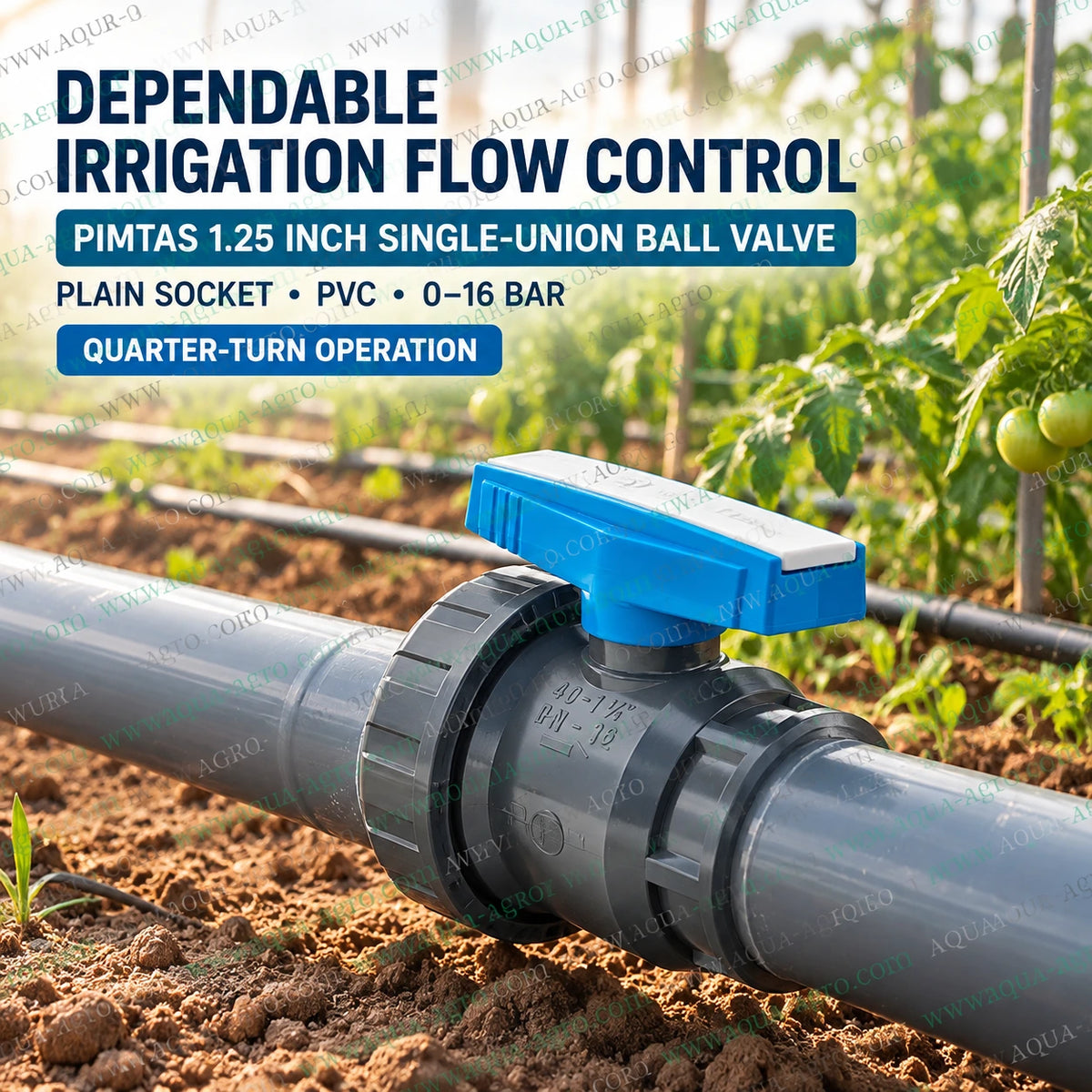 PIMTAS 1.25 inch 40 mm PVC single union ball valve installed in agricultural irrigation pipeline with blue quarter turn handle plain socket connections and durable grey plastic body for water flow control in farming and garden irrigation systems