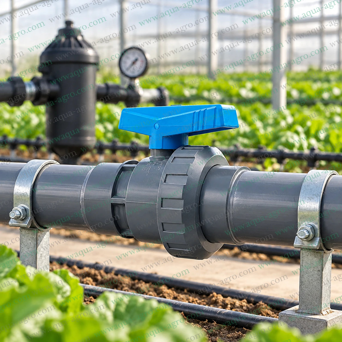 PIMTAS Turkey 2 inch 63mm PVC single union ball valve installed on a greenhouse irrigation pipeline with blue handle and grey PVC socket connections for agricultural water supply and flow control