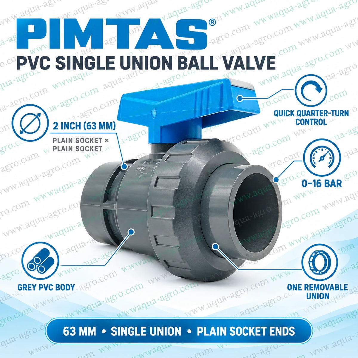 PIMTAS Turkey 2 inch 63mm PVC single union ball valve with blue quarter turn handle grey PVC body plain socket ends and 0 to 16 bar operating pressure for irrigation water flow control