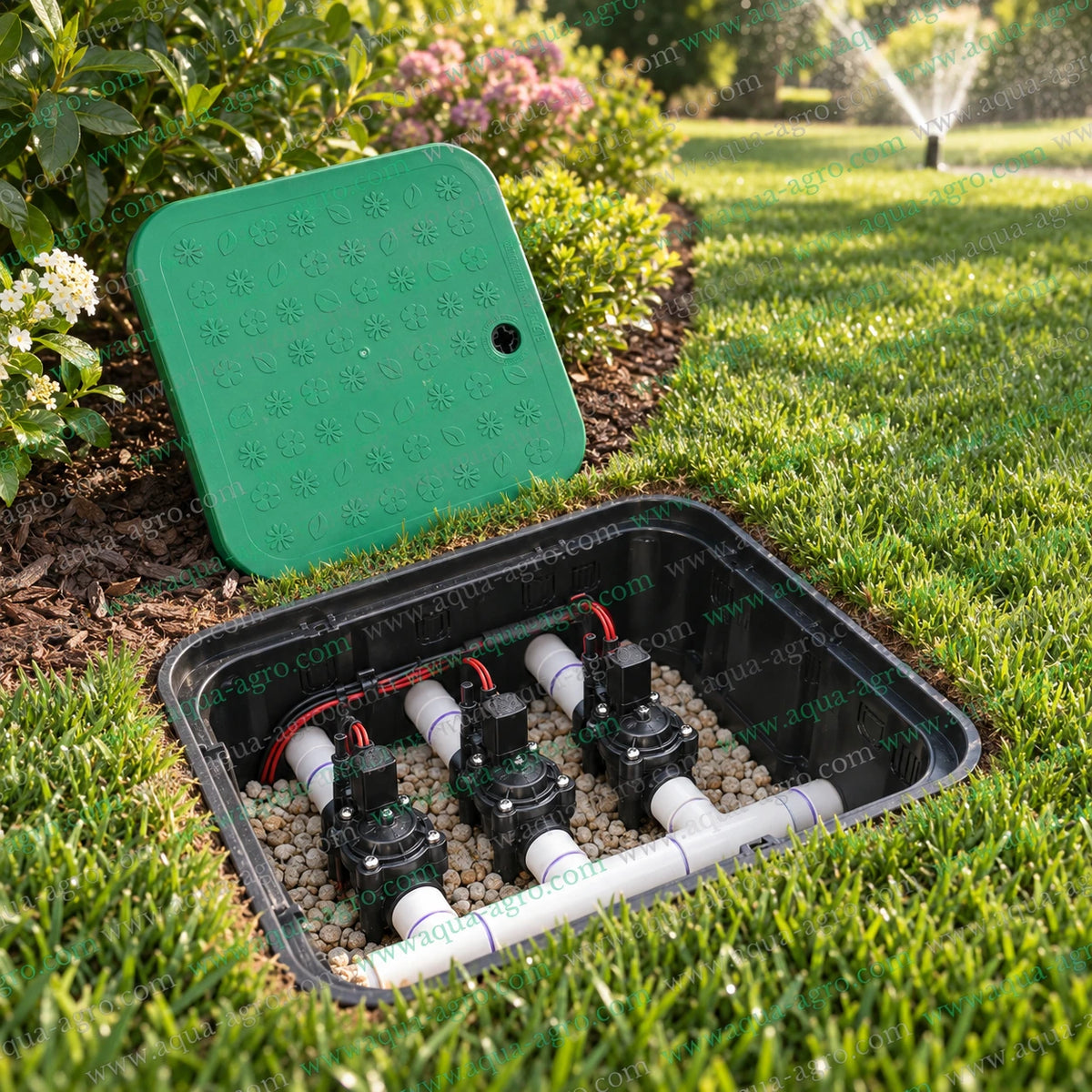 PIMTAS 12 inch standard rectangular plastic irrigation valve box with green key lock lid black corrugated body UV stabilized construction 15 x 11 inch top opening 20 x 15 inch bottom opening and 12 inch height for underground irrigation valves and quick coupling valves