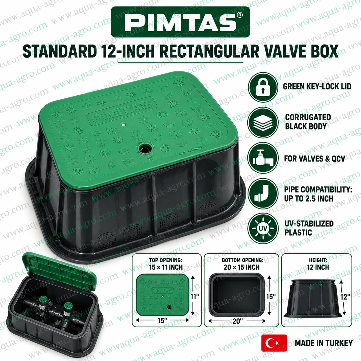 PIMTAS 12 inch rectangular underground irrigation valve box installation guide showing gravel base solenoid valve manifold PVC pipe connections green key lock lid operation and soil backfilling for automatic garden sprinkler irrigation systems