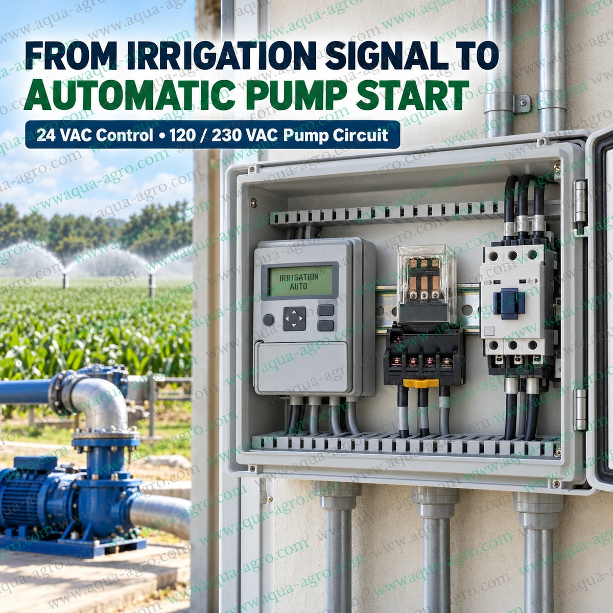 PLA PSR pump starter relay installed inside an irrigation automation control panel with 24 VAC irrigation controller and pump contactor for automatic agricultural water pump operation and sprinkler irrigation control