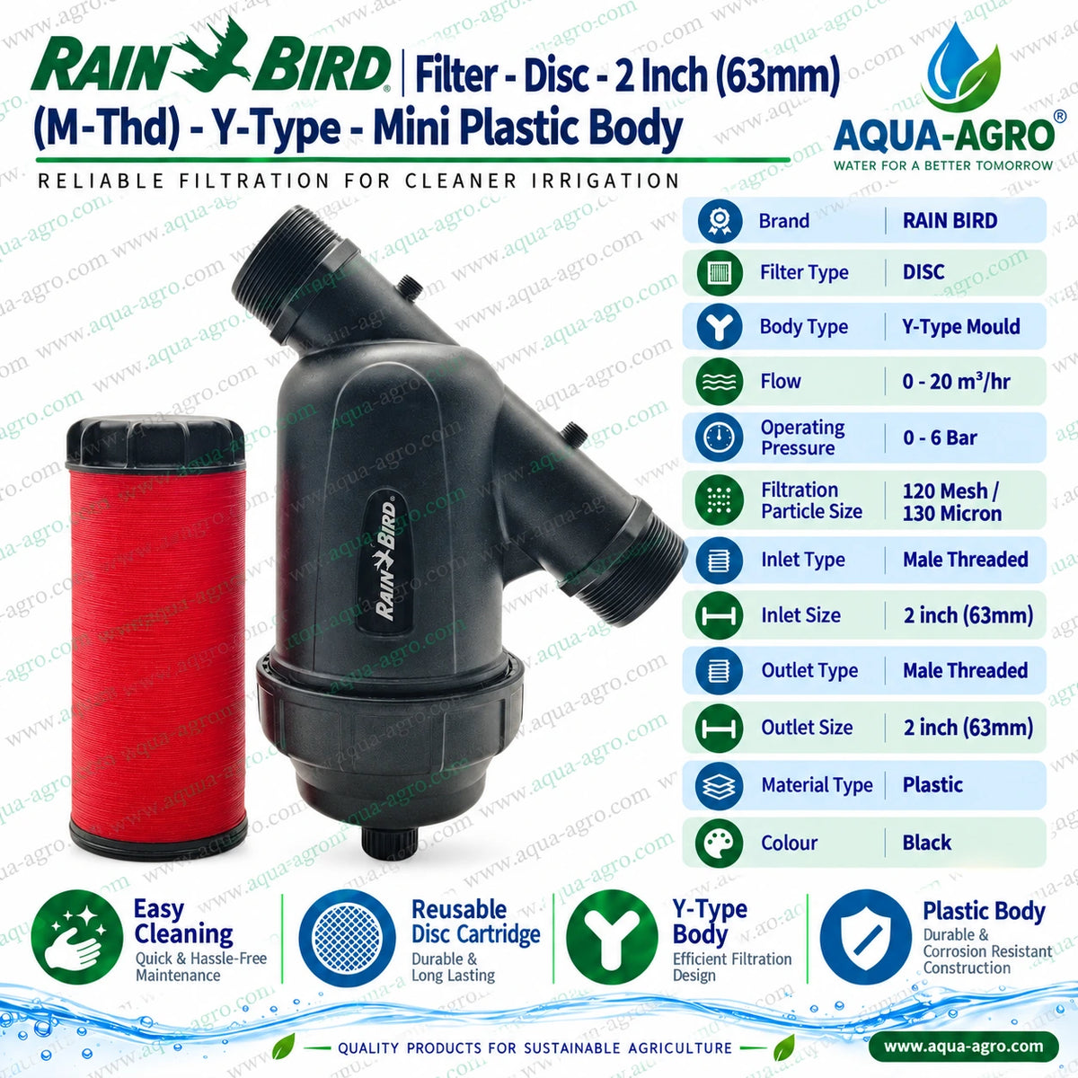 RAIN BIRD ILCRBY200D 2 inch 63mm Y type mini disc filter with black plastic body reusable red disc cartridge male threaded inlet and outlet 120 mesh 130 micron filtration 0 to 20 m3 per hour flow rate and 0 to 6 bar operating pressure for agricultural drip irrigation and sprinkler systems