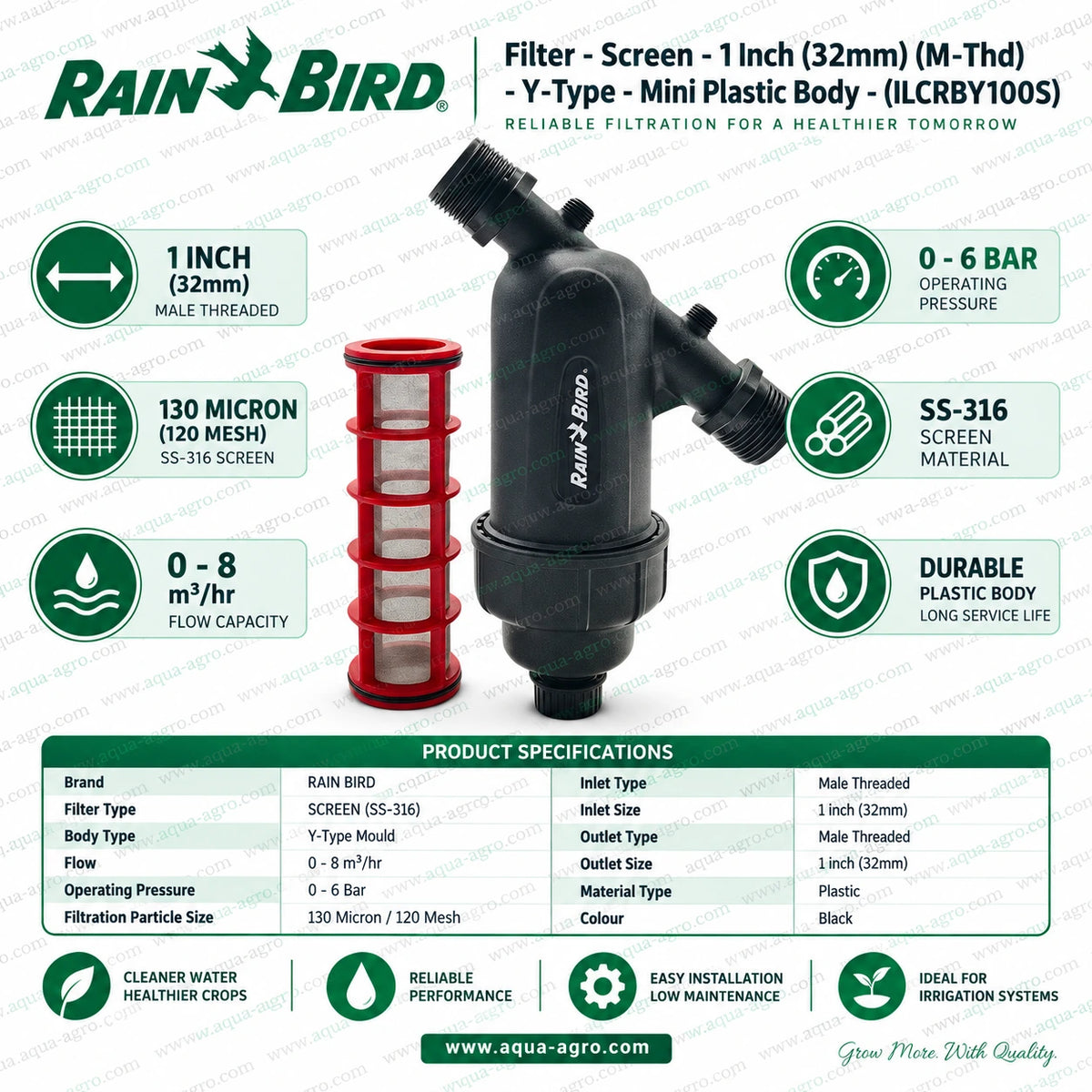 RAIN BIRD ILCRBY100S 1 inch 32mm Y type mini irrigation screen filter with removable SS316 stainless steel screen element 130 micron 120 mesh filtration 0 to 8 m³ per hour flow capacity 0 to 6 bar operating pressure male threaded inlet and outlet durable black plastic body for agricultural drip irrigation sprinkler systems and garden irrigation