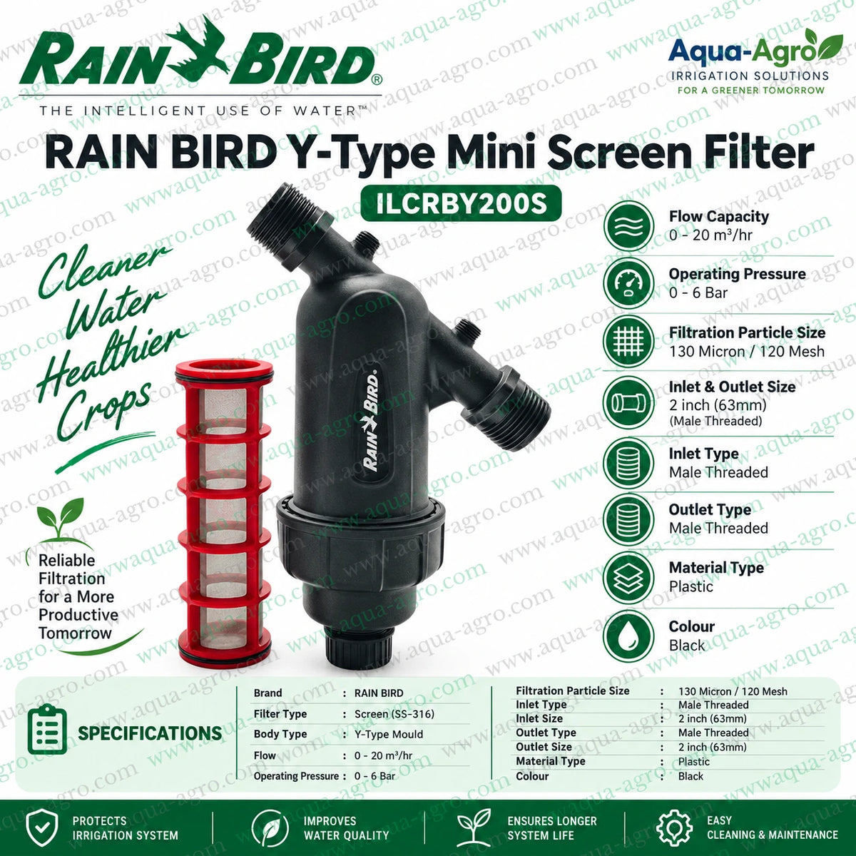RAIN BIRD ILCRBY200S 2 inch 63mm male threaded Y type mini screen filter with removable SS316 stainless steel screen element 130 micron 120 mesh filtration 0 to 20 m³ per hour flow capacity 0 to 6 bar operating pressure durable black plastic body for agricultural drip irrigation sprinkler irrigation and water filtration systems