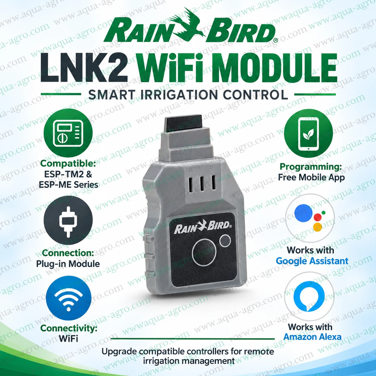 Rain Bird LNK2 WiFi plug in module for ESP-TM2 and ESP-ME irrigation controllers with wireless connectivity mobile app programming Google Assistant and Amazon Alexa compatibility for smart irrigation automation