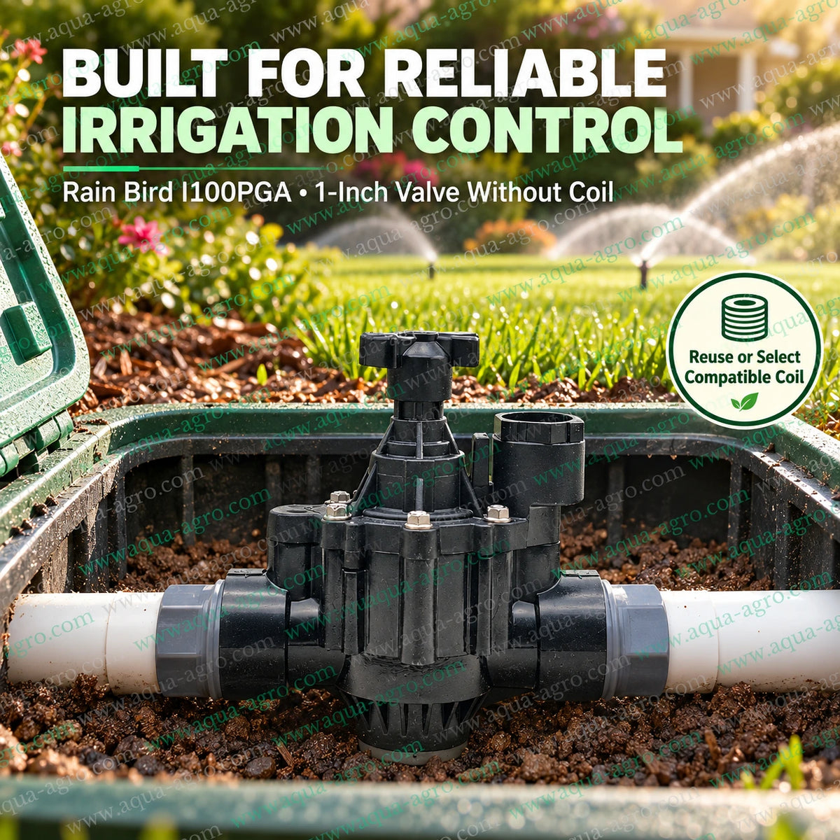 Rain Bird I100PGA WOCOIL 1 inch normally closed irrigation solenoid valve without coil installed in garden sprinkler pipeline for automatic landscape watering and irrigation flow control