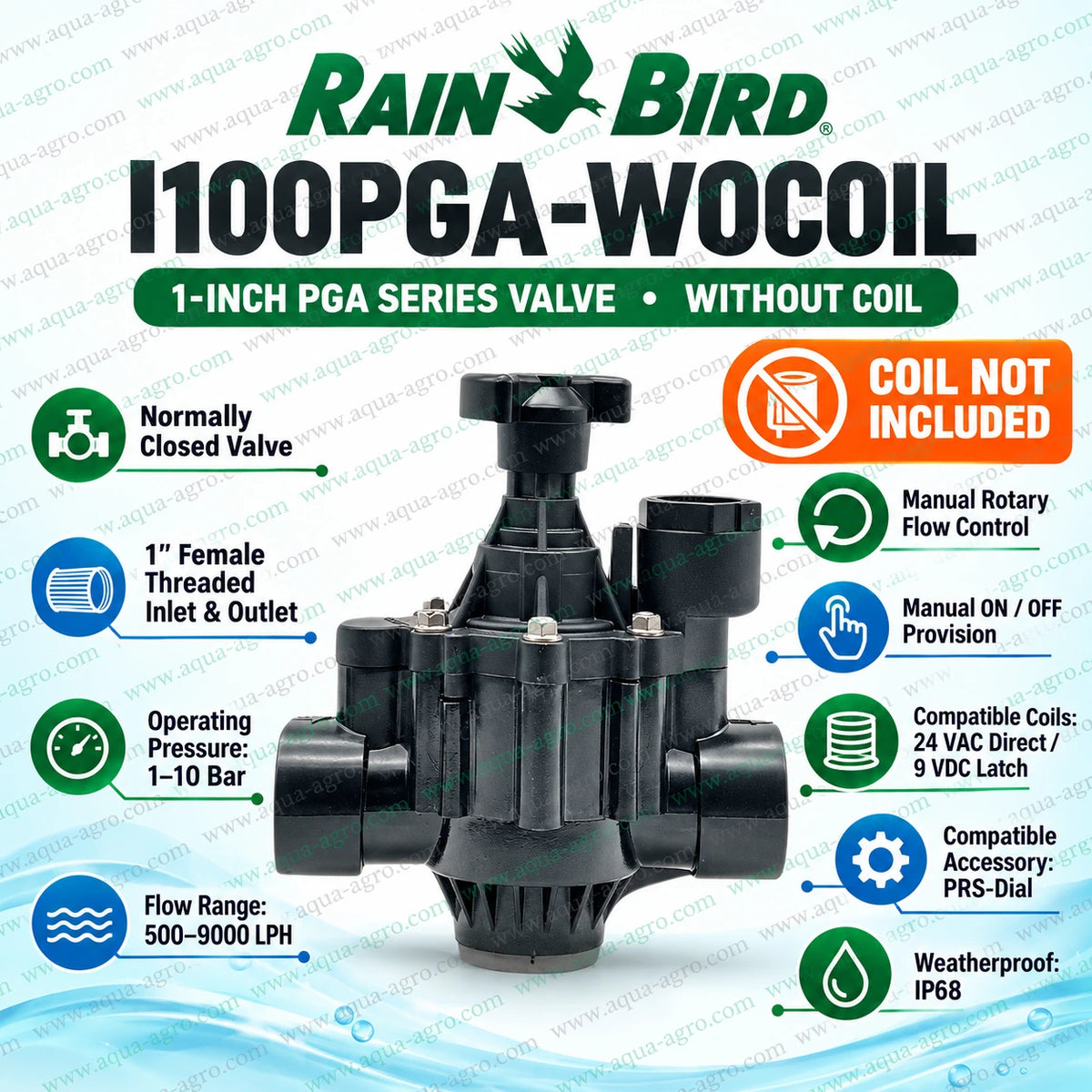 Rain Bird I100PGA WOCOIL PGA Series 1 inch female threaded irrigation solenoid valve without coil featuring manual flow control 1 to 10 bar operating pressure and compatibility with 24VAC and 9VDC latch coils