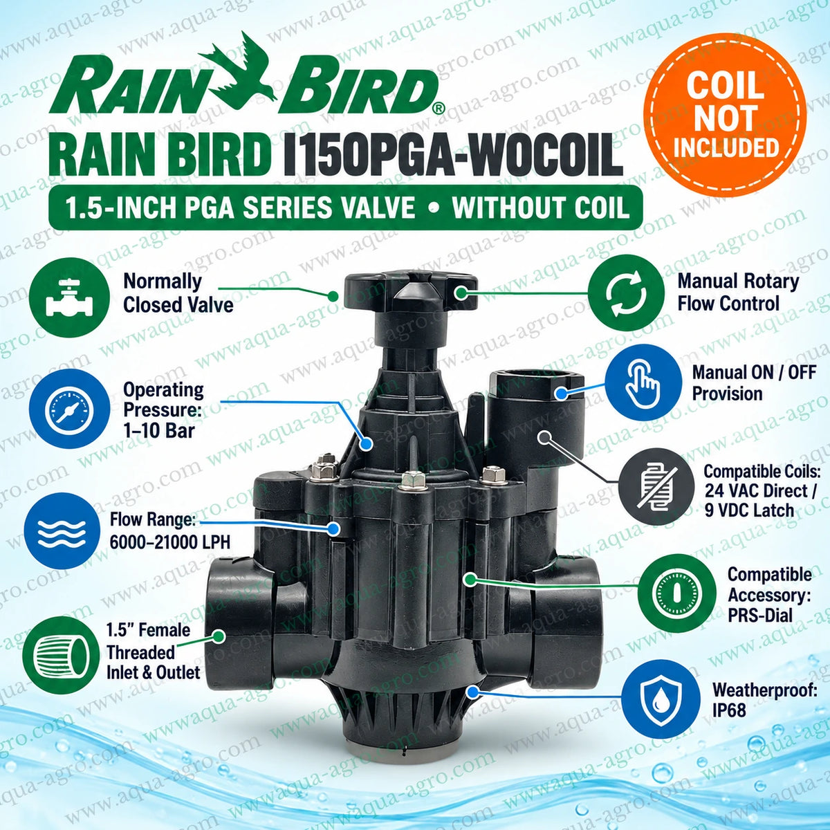 Rain Bird I150PGA WOCOIL 1.5 inch 50mm PGA Series normally closed irrigation solenoid valve without coil featuring manual rotary flow control 1 to 10 bar operating pressure and 6000 to 21000 LPH flow capacity