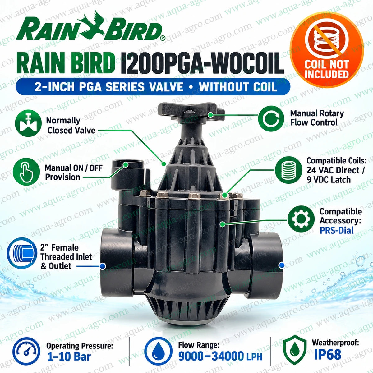 Rain Bird I200PGA WOCOIL 2 inch female threaded normally closed irrigation solenoid valve without coil featuring manual rotary flow control manual ON OFF operation and compatibility with 24 VAC and 9 VDC latch coils for automatic sprinkler and landscape irrigation systems