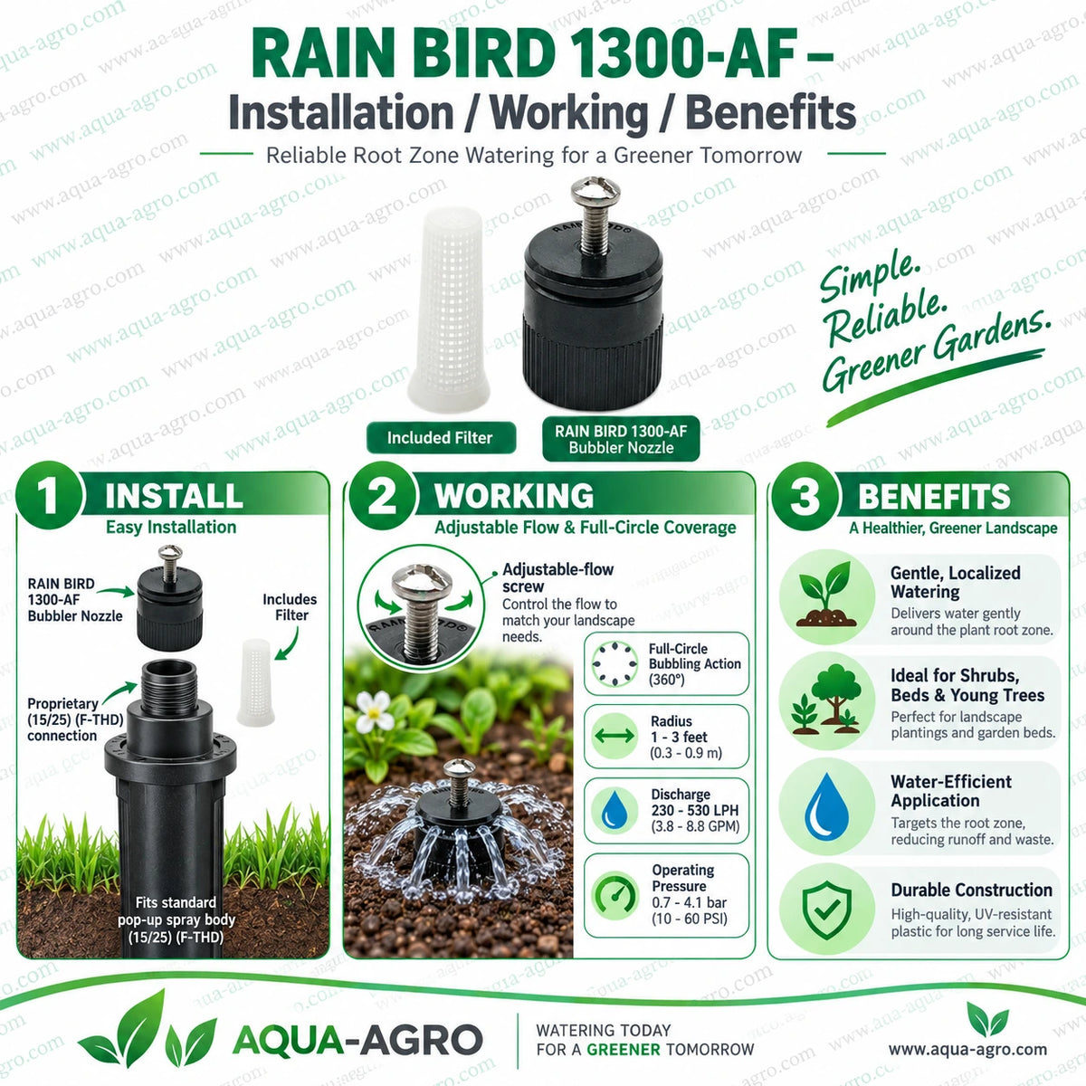 RAIN BIRD 1300-AF adjustable flow bubbler nozzle installation and working with 250 to 530 LPH discharge 0.7 to 4.1 bar operating pressure 1 to 3 feet radius full circle 360 degree bubbling action for water efficient root zone irrigation of shrubs garden beds young trees and landscape plants