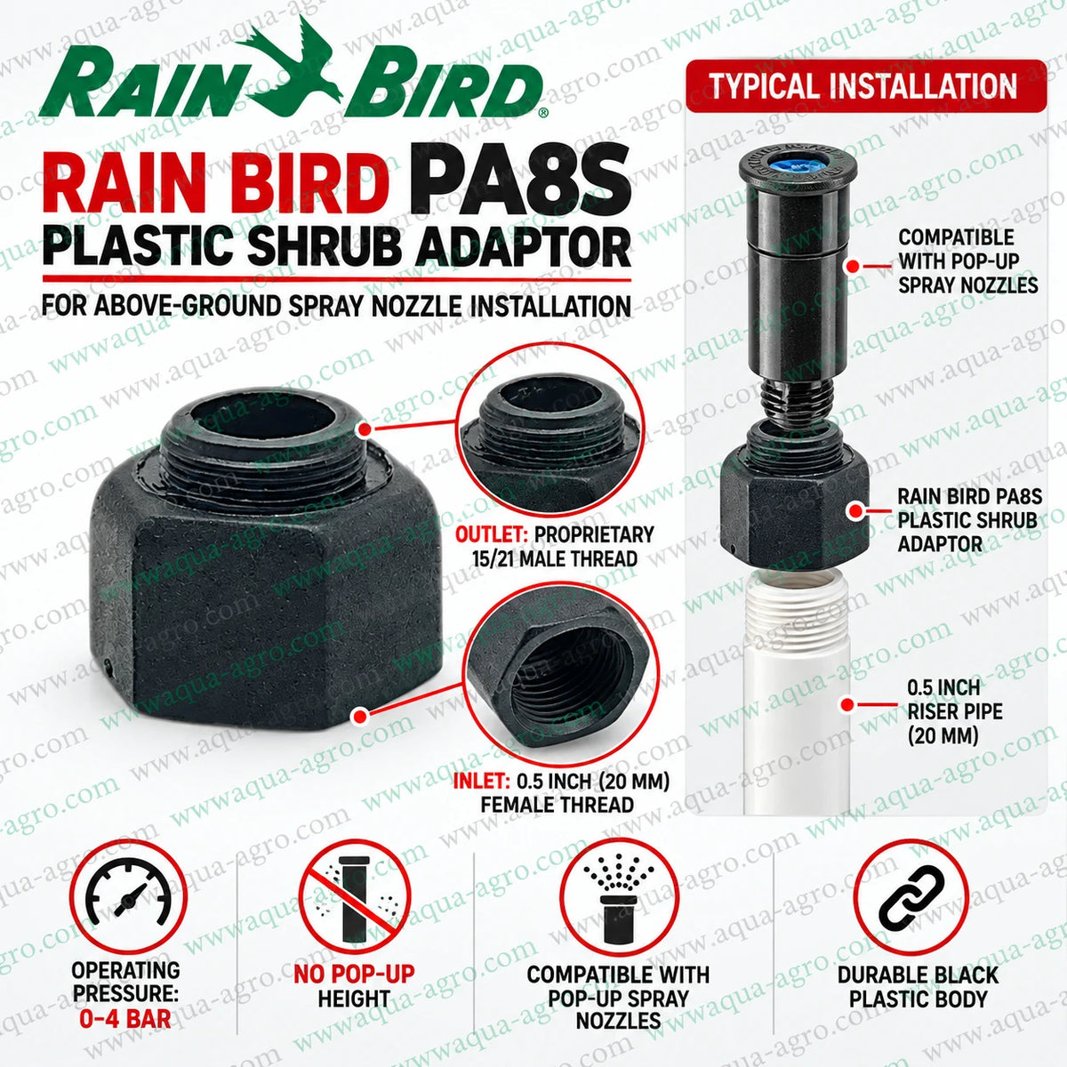 RAIN BIRD PA8S plastic shrub adaptor with 0.5 inch female threaded inlet and 15/21 male outlet for pop-up spray nozzles and landscape irrigation