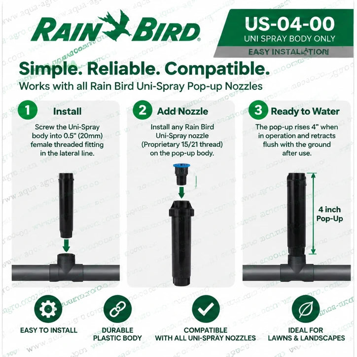 RAIN BIRD US-04-00 Uni-Spray 4 inch pop-up sprinkler body installation with 0.5 inch female inlet suitable for compatible pop-up spray nozzles