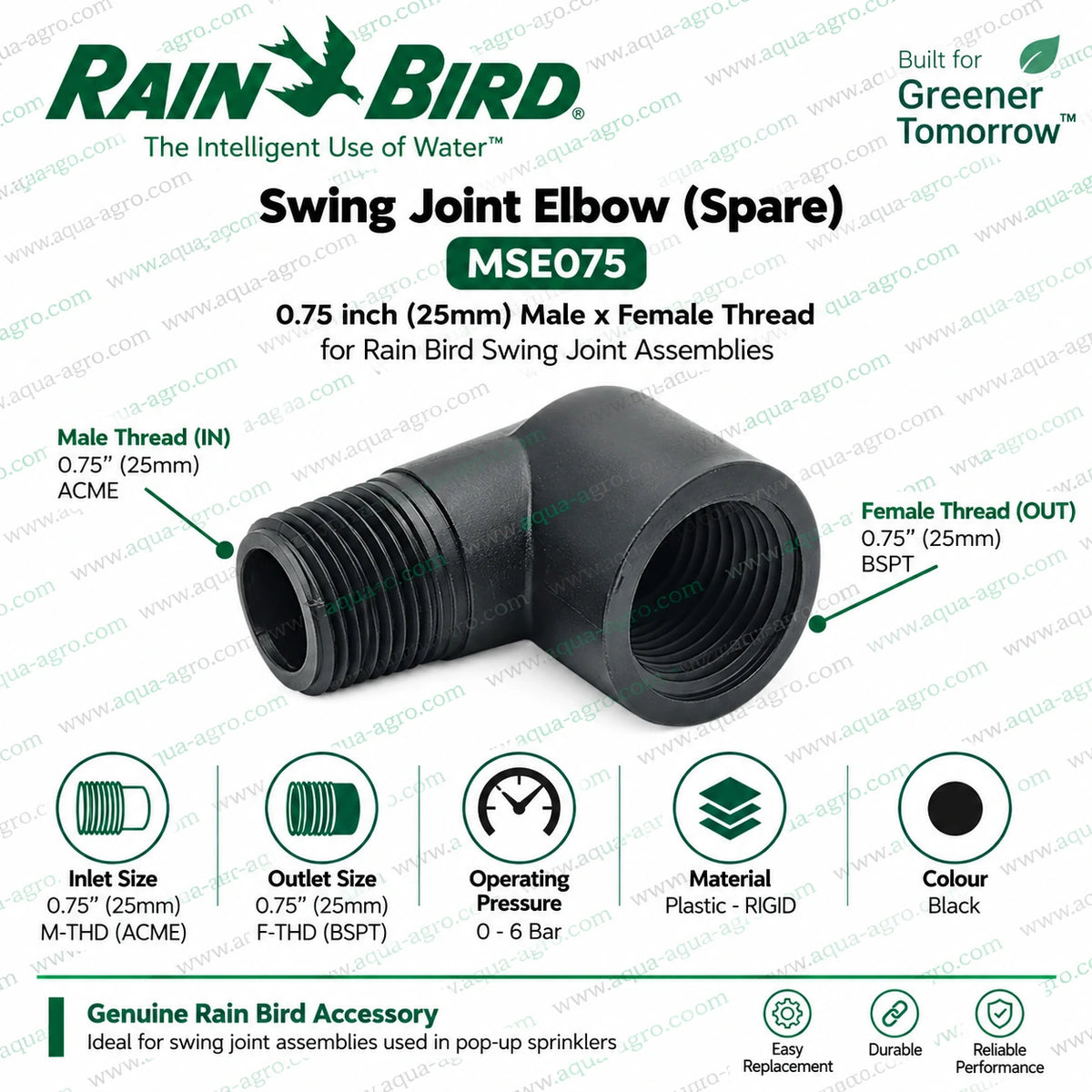 RAIN BIRD MSE075 swing joint elbow spare accessory 0.75 inch 25mm male ACME thread x female BSPT thread black rigid plastic elbow fitting 0 to 6 bar operating pressure for pop-up sprinkler swing joint assemblies lawn landscape and irrigation systems