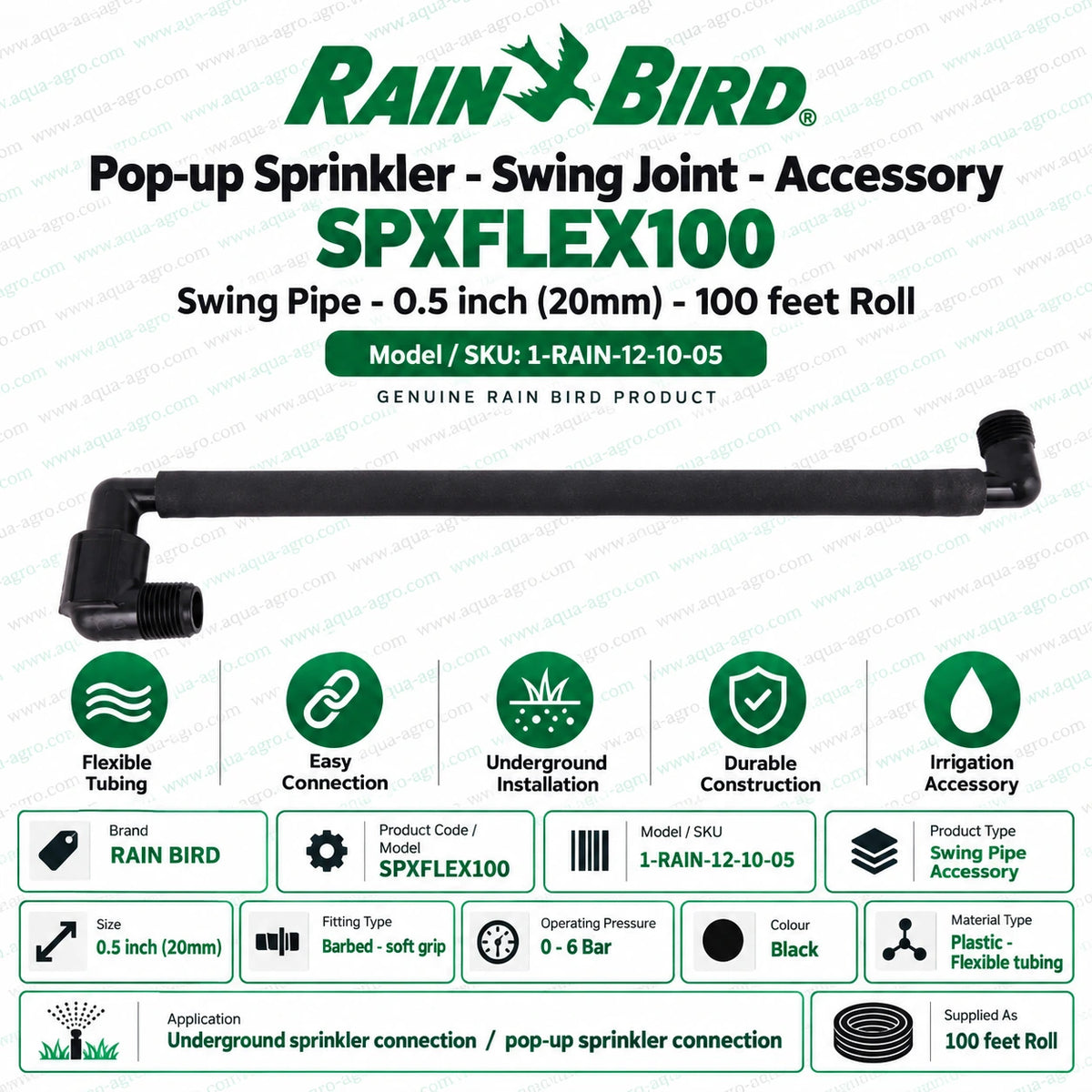 RAIN BIRD SPXFLEX100 flexible swing pipe accessory 0.5 inch 20mm black plastic tubing 100 feet roll for underground pop-up sprinkler connections spray heads swing joints lawn garden and landscape irrigation systems