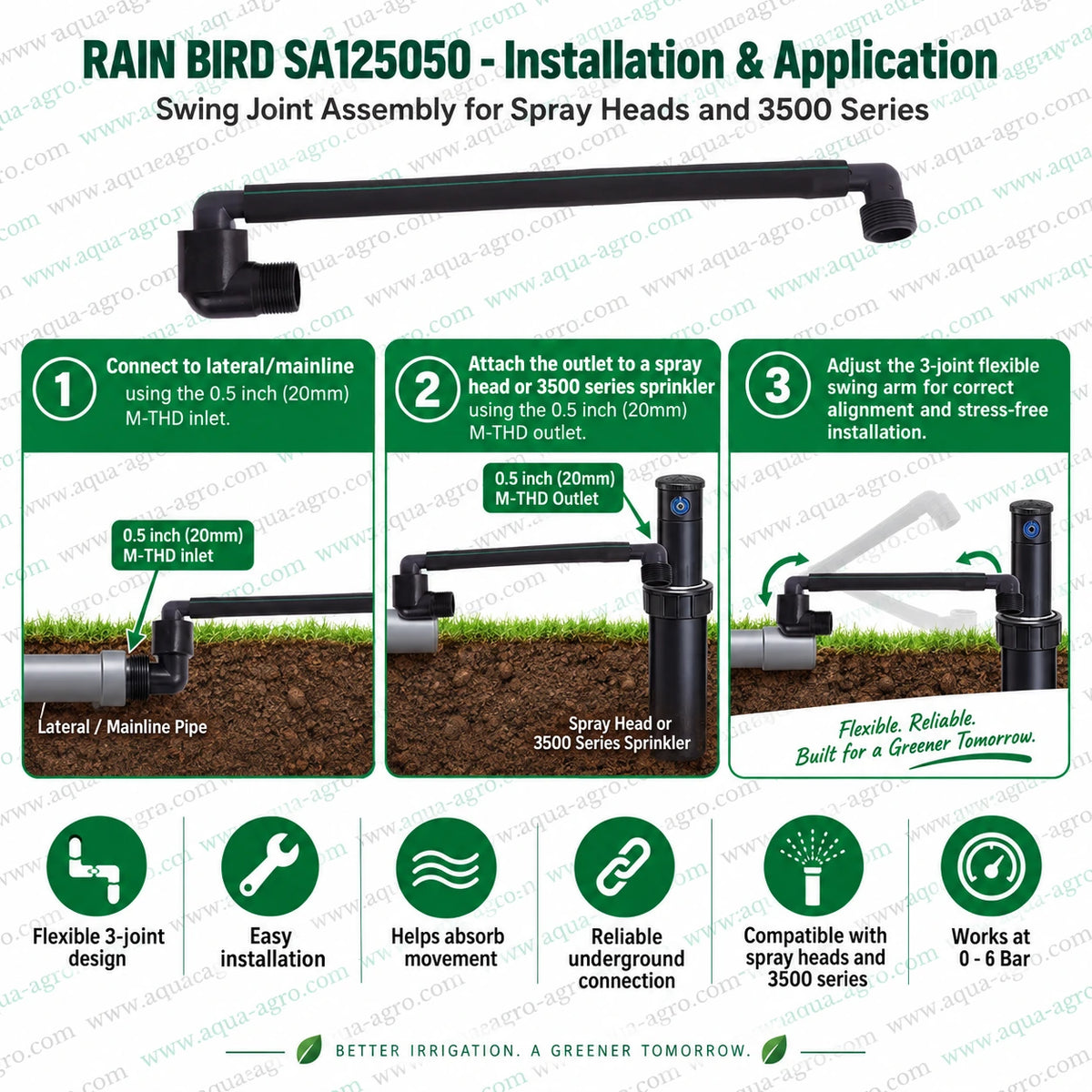 RAIN BIRD SA125050 12 inch swing joint assembly with 0.5 inch 20mm male threaded inlet and outlet flexible 3 joint design for connecting irrigation lateral or mainline pipe to Rain Bird spray heads and 3500 series pop up sprinklers providing easy alignment movement absorption and reliable underground installation