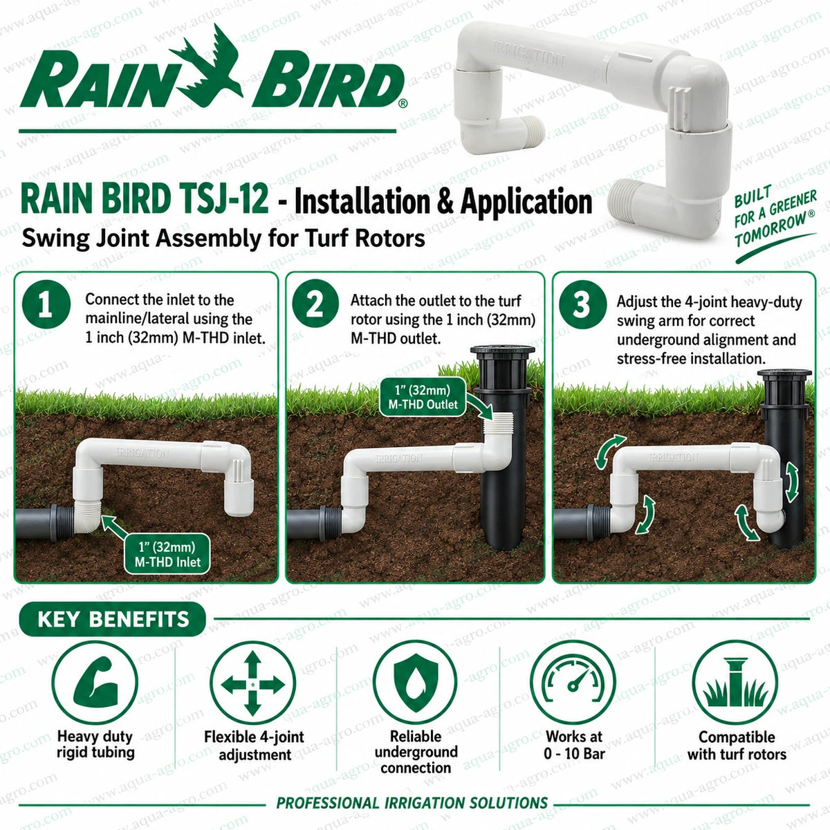 RAIN BIRD TSJ-12 turf rotor swing joint installation showing 1 inch 32mm male threaded connection 12 inch heavy duty 4 joint adjustable assembly for underground sprinkler connection easy alignment and reliable landscape irrigation