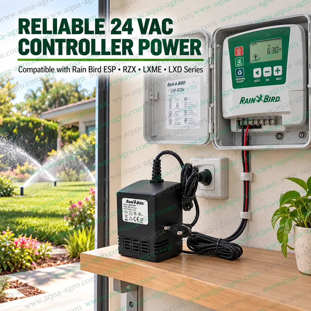 Rain Bird 24VAC irrigation controller power transformer connected to ESP RZX sprinkler timer for automatic garden watering and landscape irrigation with reliable electrical power supply and plug in adapter