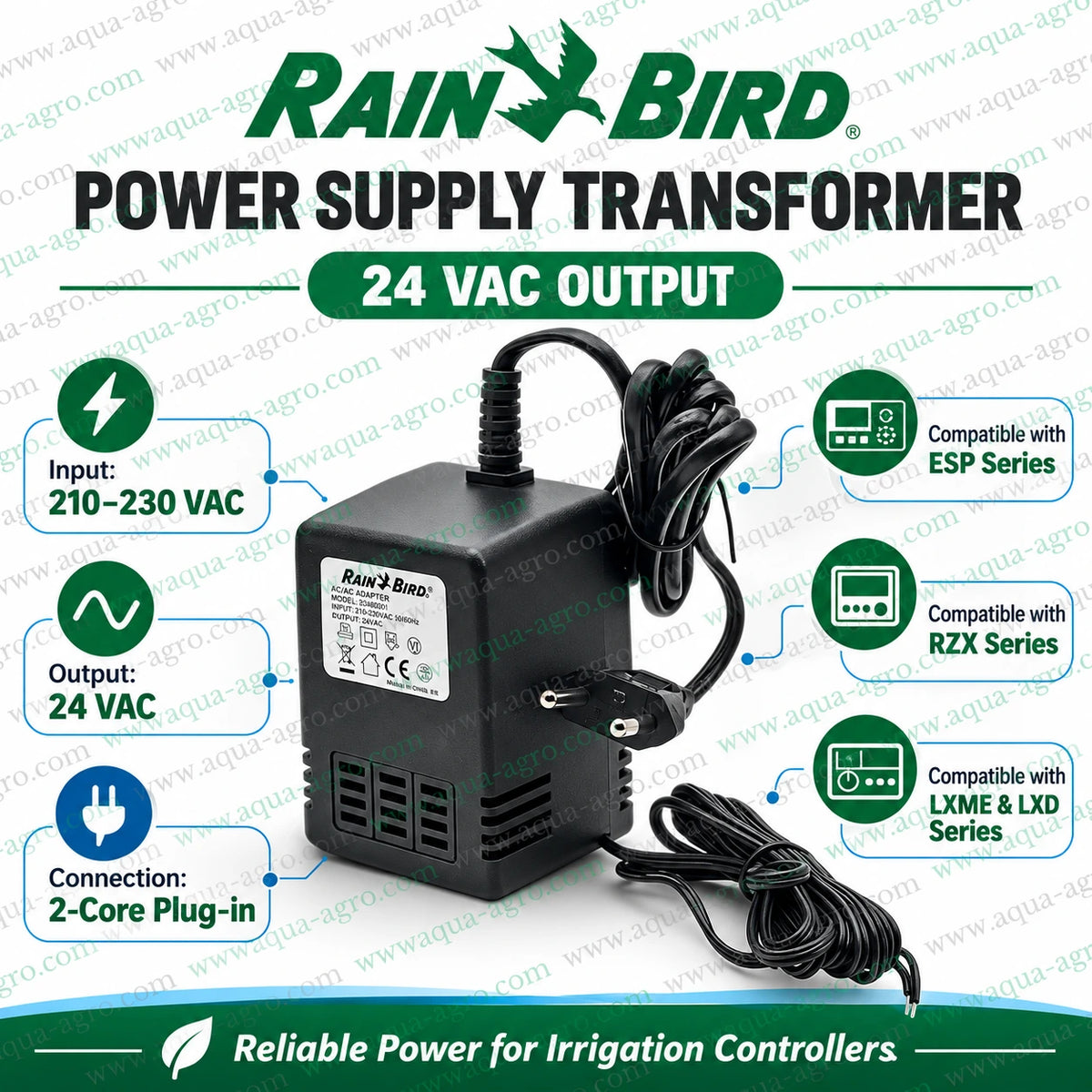Rain Bird 24VAC power supply transformer for automatic irrigation controllers with 210 to 230VAC input 24VAC output and 2 core plug in connection compatible with ESP RZX LXME and LXD series sprinkler controllers
