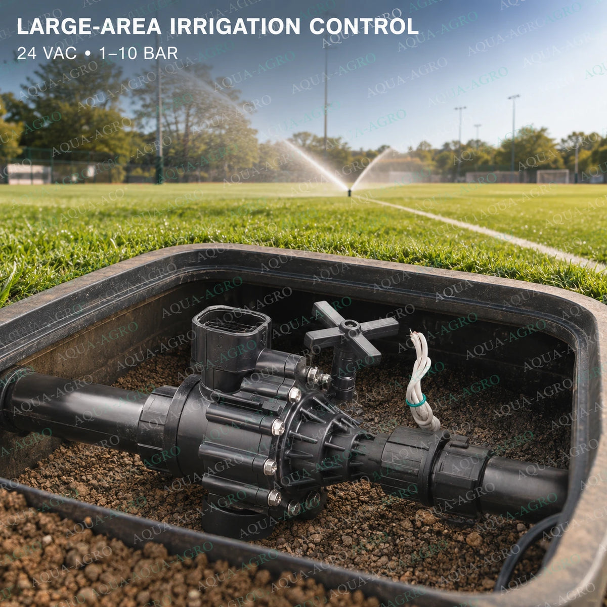 RAIN BIRD I100HVFBSP 1 inch 32mm 24 VAC solenoid valve installed in valve box for large area lawn sprinkler and irrigation automation systems